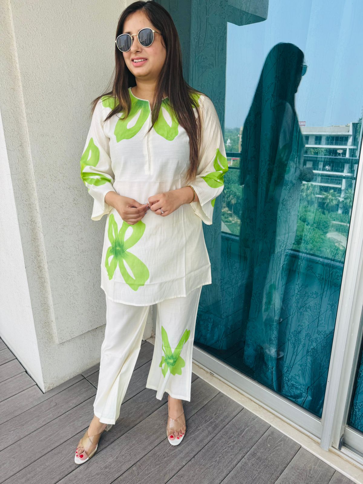 HASIKA | Women's White Co-Ord Set with Green Bold Floral Print