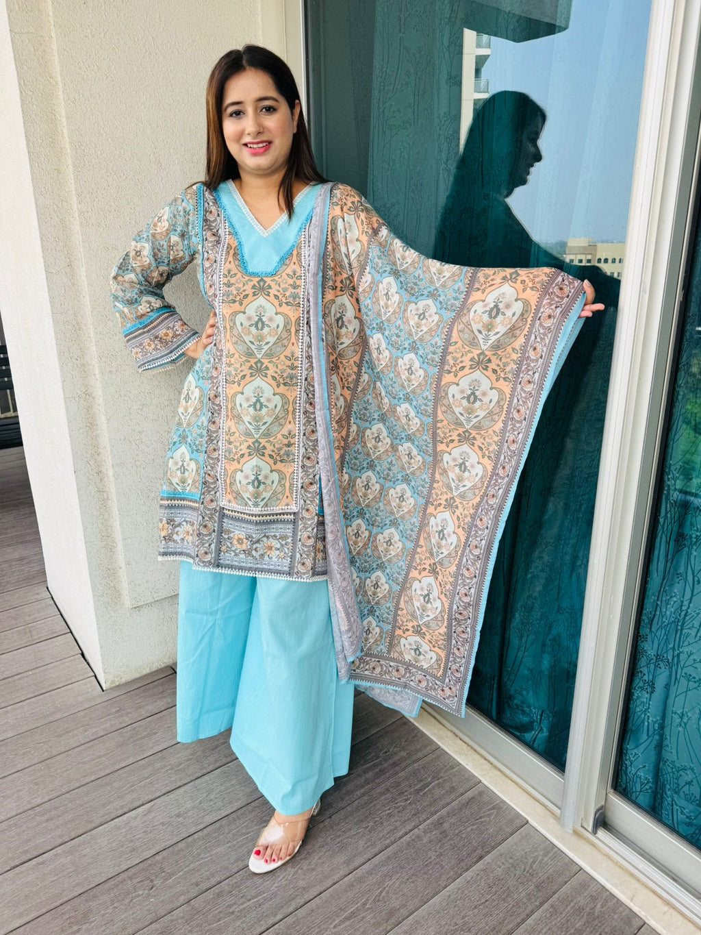 KRATI | Women’s Blue Floral Printed Ethnic Suit Set with Block Print Dupatta