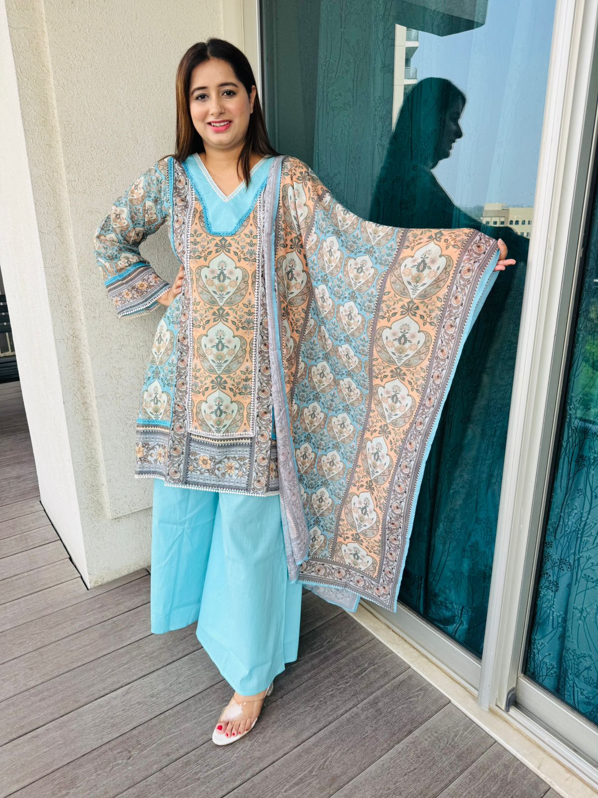 KRATI | Women’s Blue Floral Printed Ethnic Suit Set with Block Print Dupatta