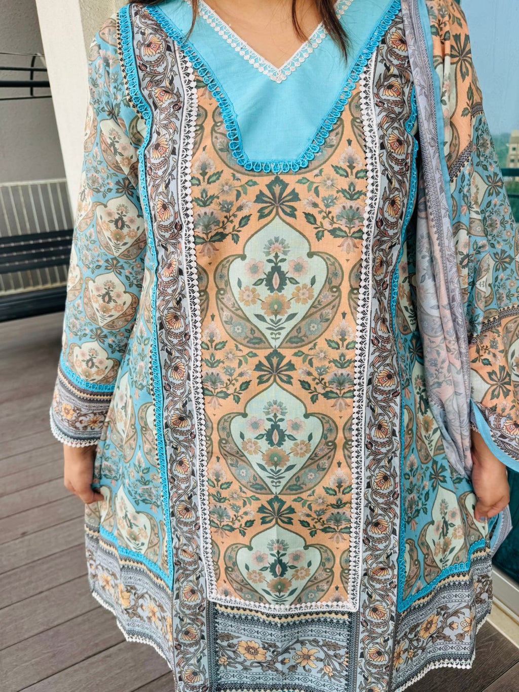 KRATI | Women’s Blue Floral Printed Ethnic Suit Set with Block Print Dupatta