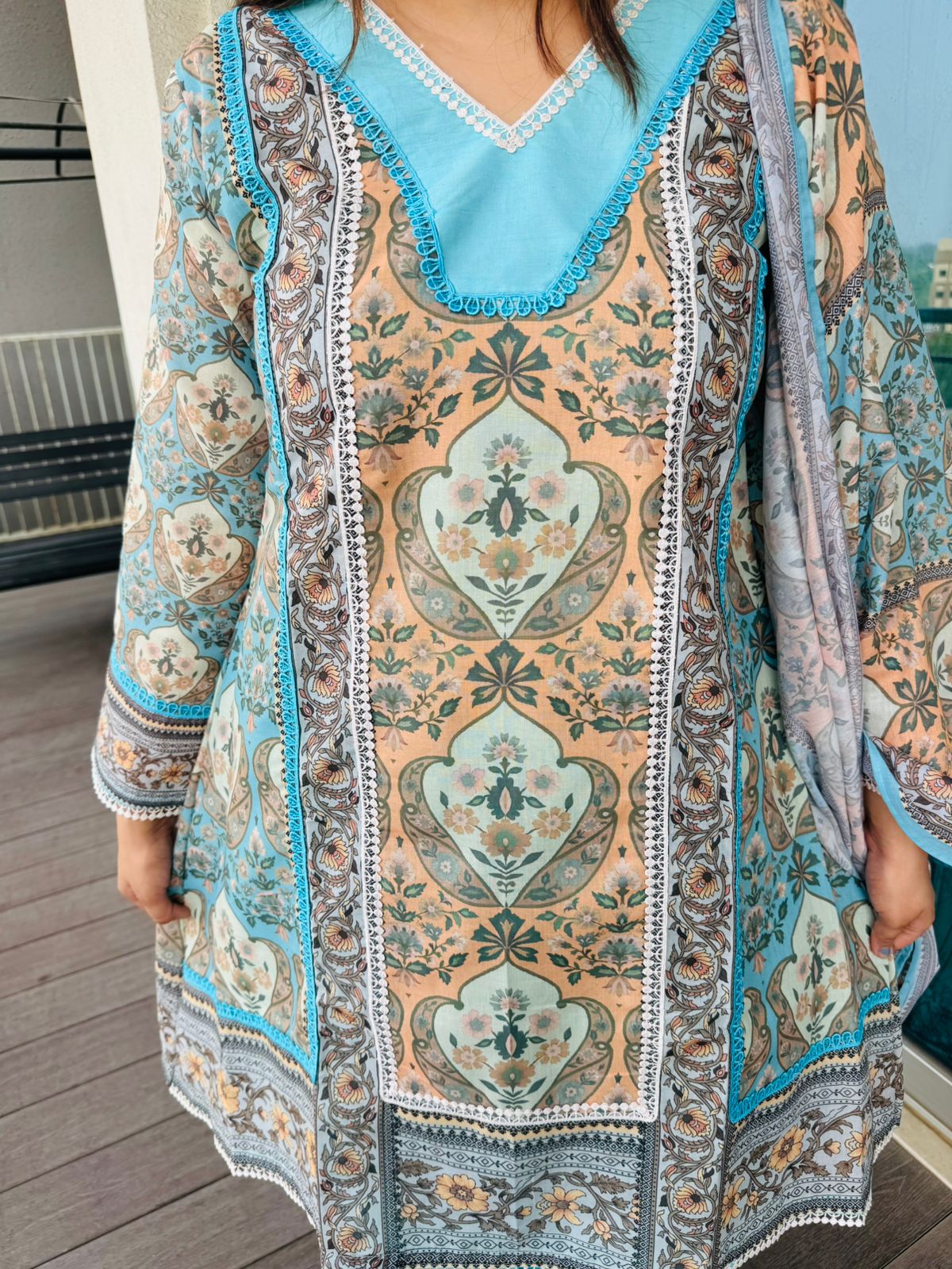 KRATI | Women’s Blue Floral Printed Ethnic Suit Set with Block Print Dupatta