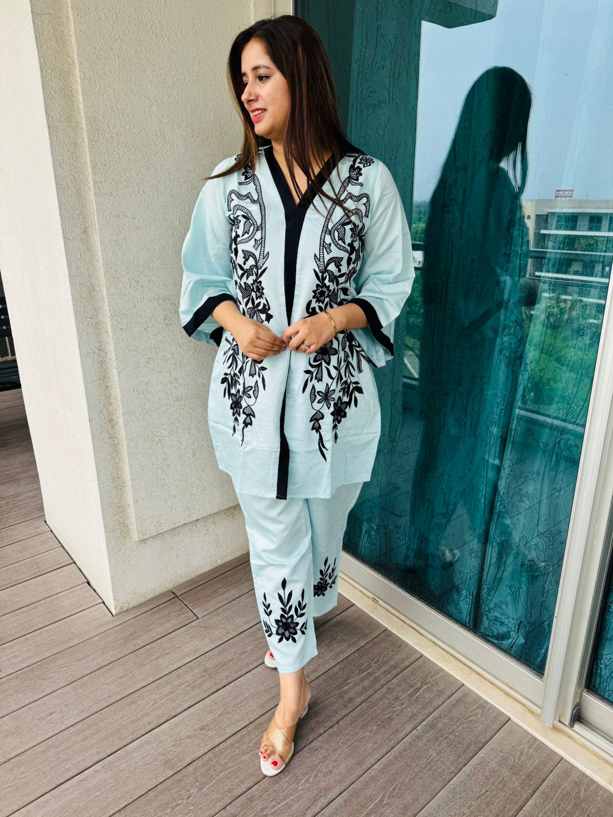 AISHA | Women's Light Blue Ethnic Co-ord Set with Black Floral Embroidery Design