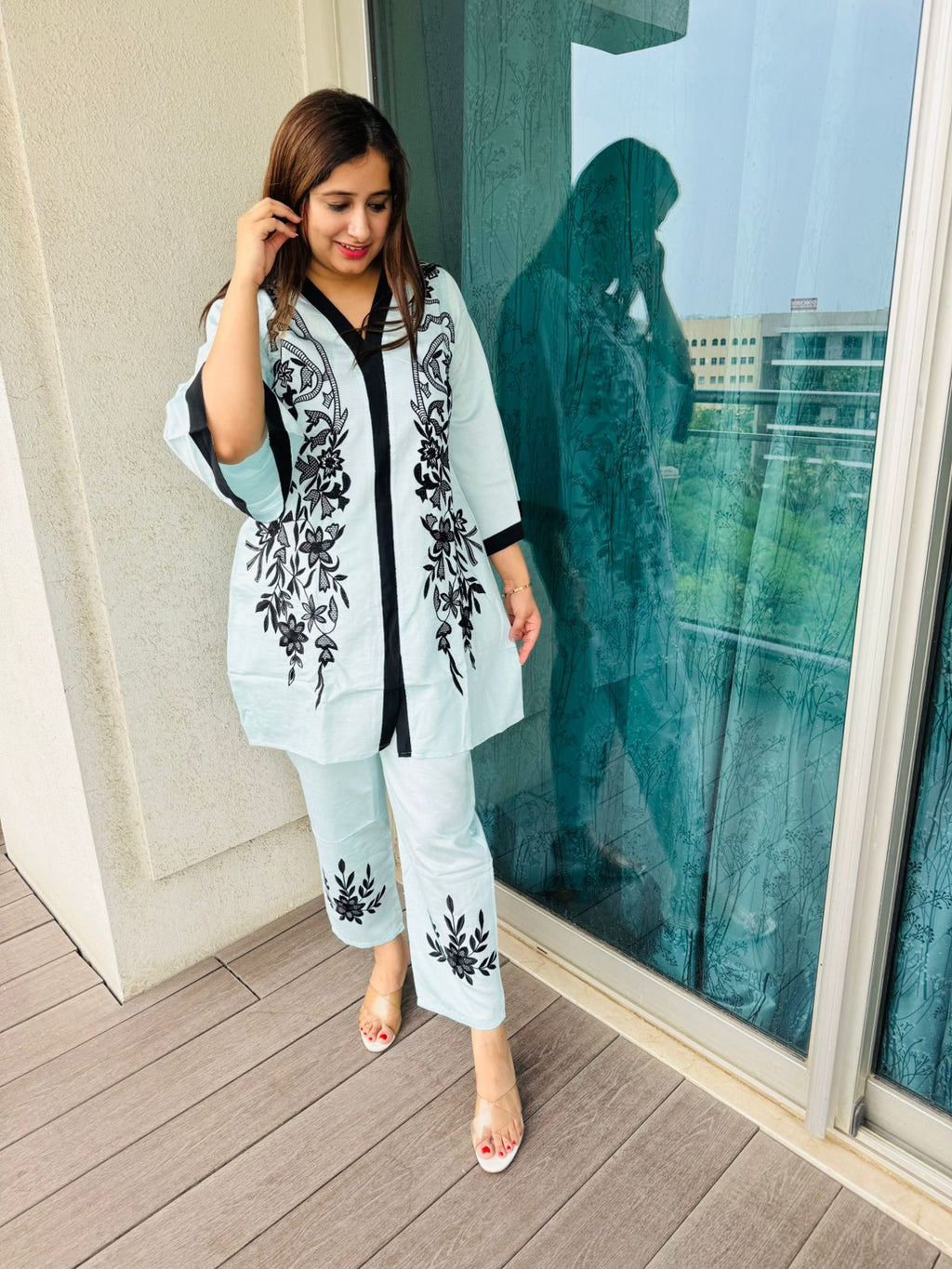 AISHA | Women's Light Blue Ethnic Co-ord Set with Black Floral Embroidery Design