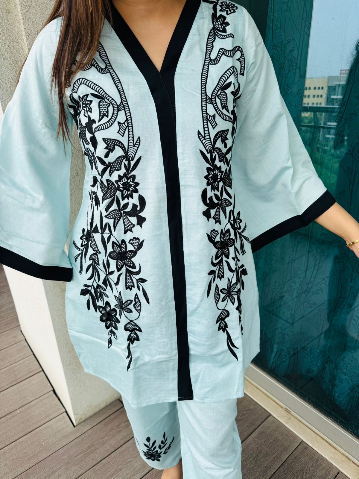 AISHA | Women's Light Blue Ethnic Co-ord Set with Black Floral Embroidery Design