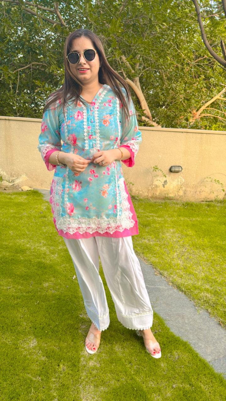 DUA | Pastel Blue Pink Floral Cotton Kurta Pant | Lace Detailed Summer Coordset for Women