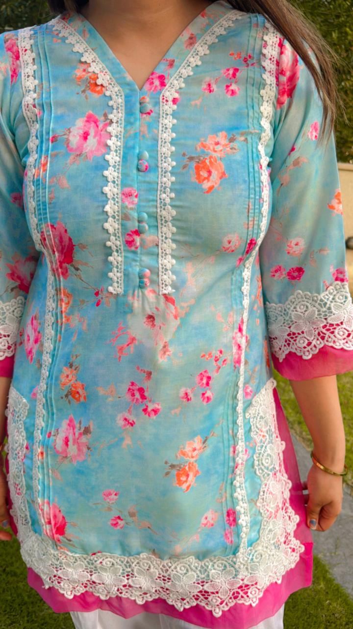 DUA | Pastel Blue Pink Floral Cotton Kurta Pant | Lace Detailed Summer Coordset for Women