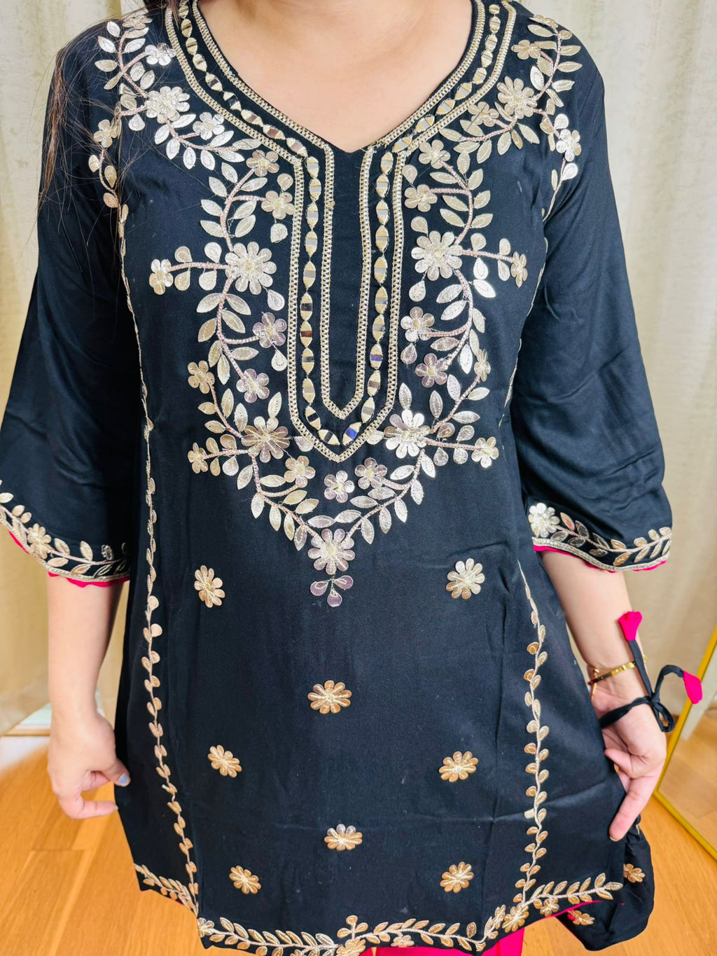 LAUKI | Elegant Black Embroidered Kurta Pant Set | Pink Trouser Designer Coordset with Potli Bag