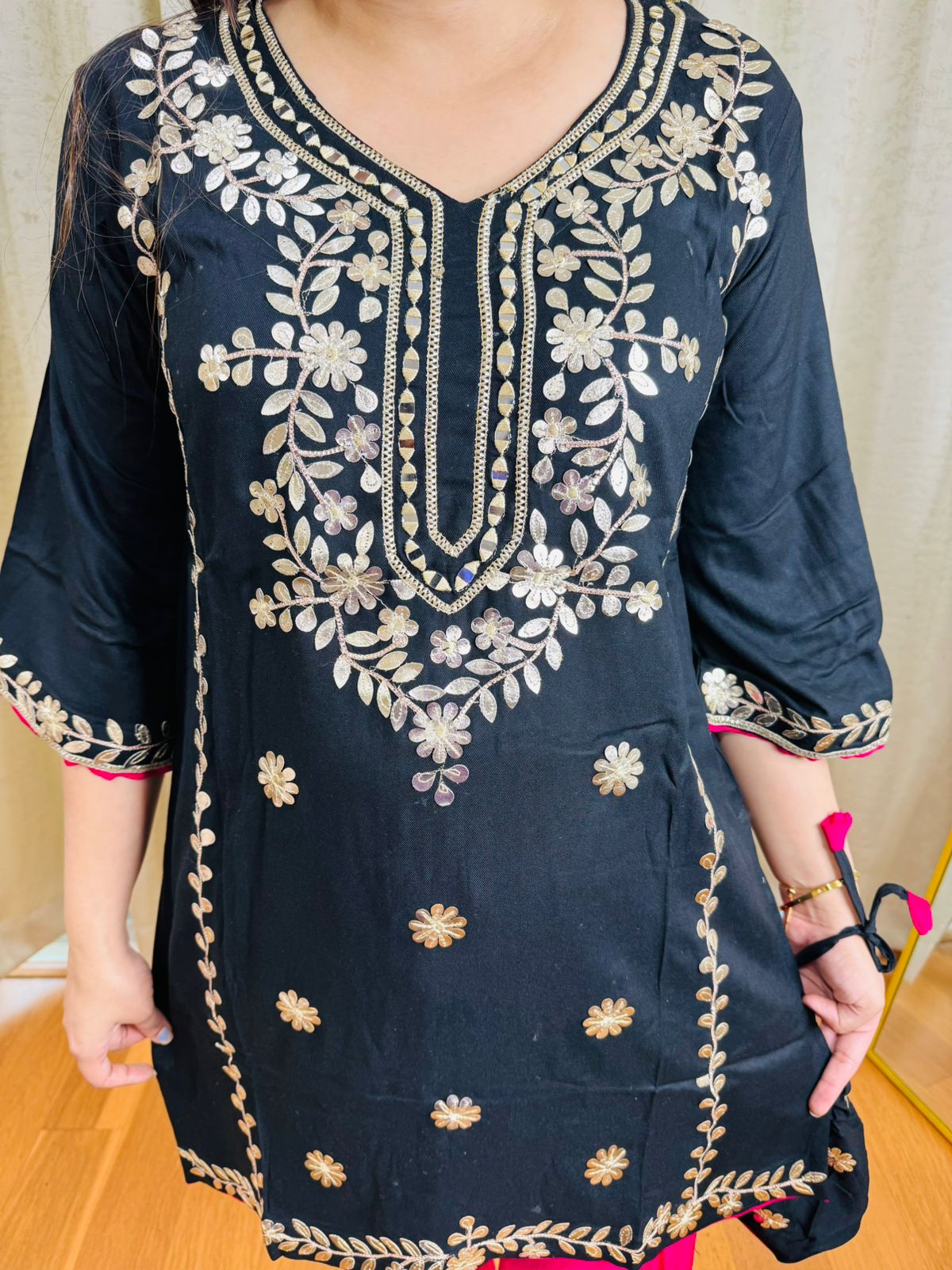 LAUKI | Elegant Black Embroidered Kurta Pant Set | Pink Trouser Designer Coordset with Potli Bag