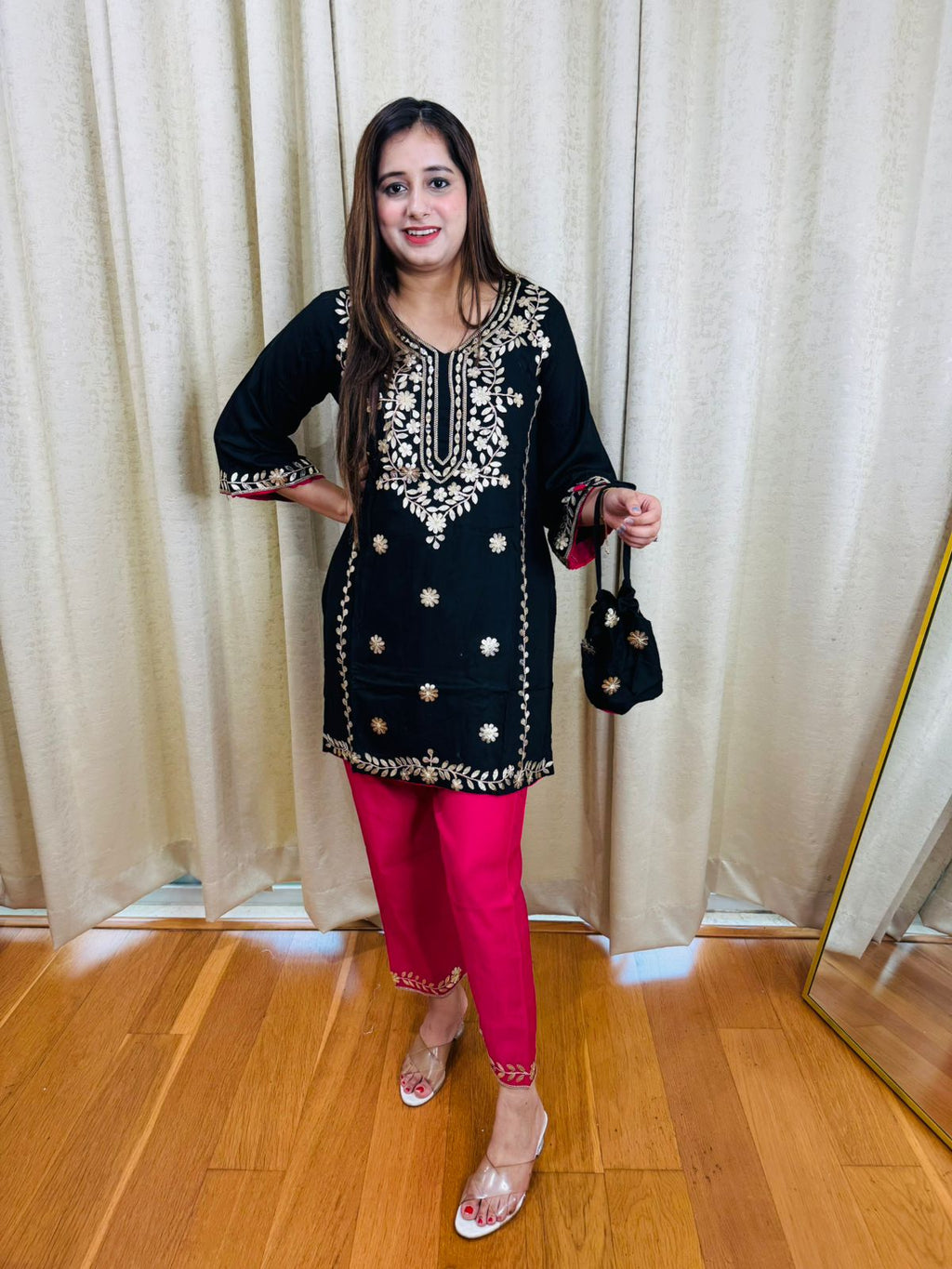 LAUKI | Elegant Black Embroidered Kurta Pant Set | Pink Trouser Designer Coordset with Potli Bag