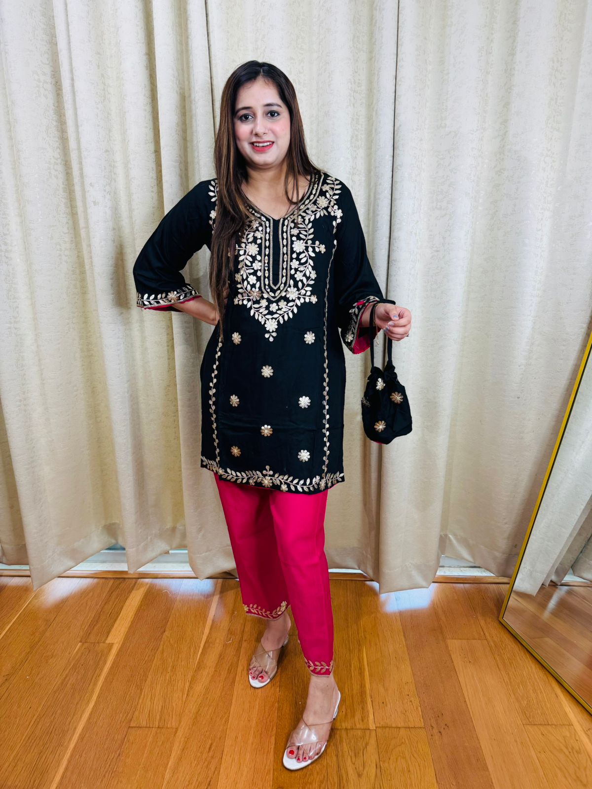 LAUKI | Elegant Black Embroidered Kurta Pant Set | Pink Trouser Designer Coordset with Potli Bag