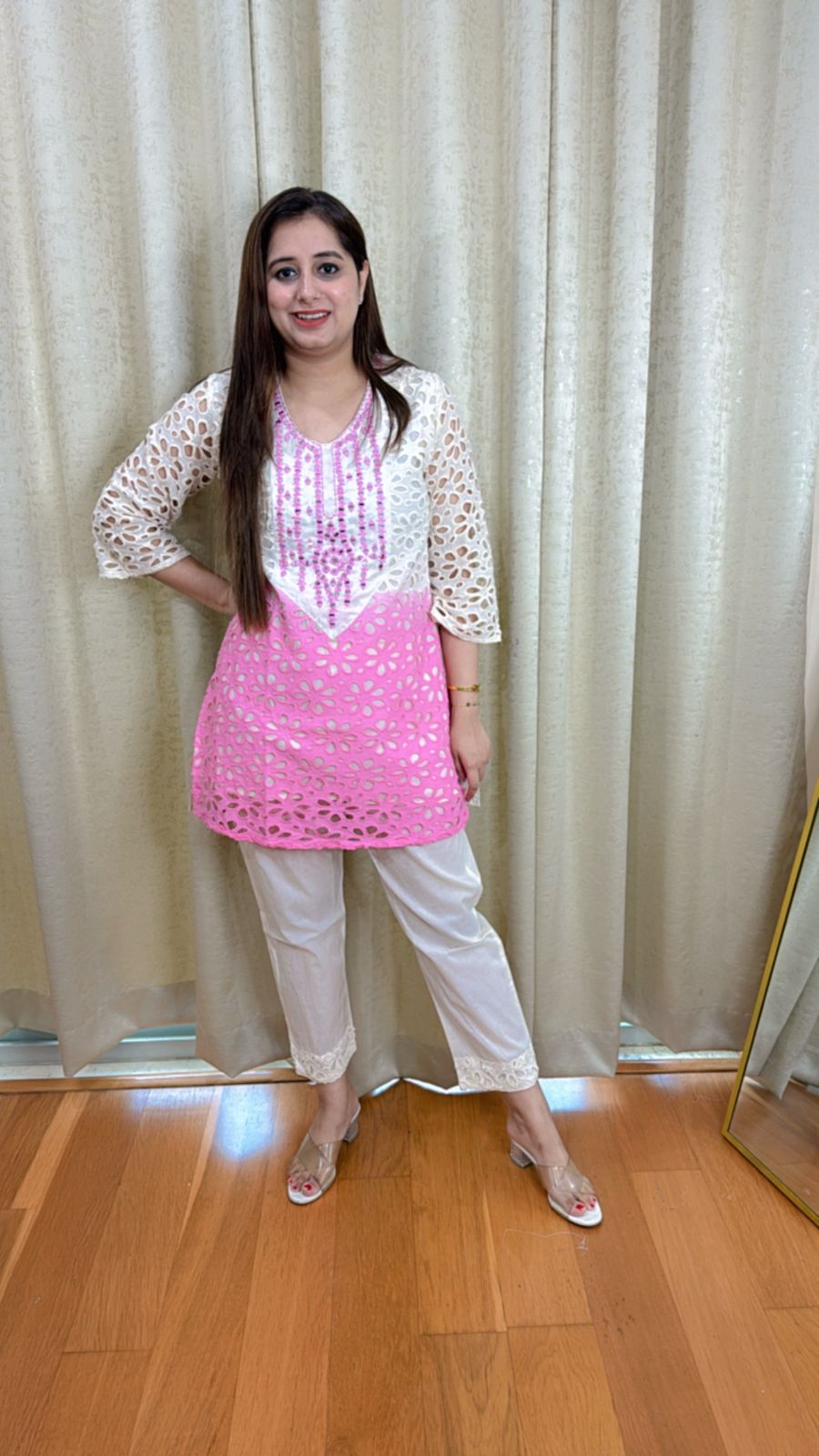 VINA | Elegant Pink White Lace Coordset | Cotton Kurta Pant Suit Set for Women