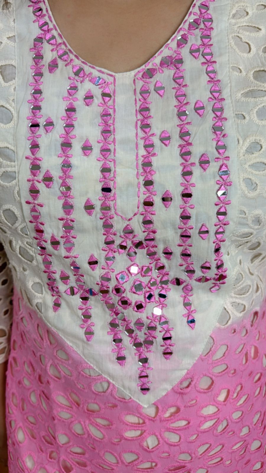 VINA | Elegant Pink White Lace Coordset | Cotton Kurta Pant Suit Set for Women