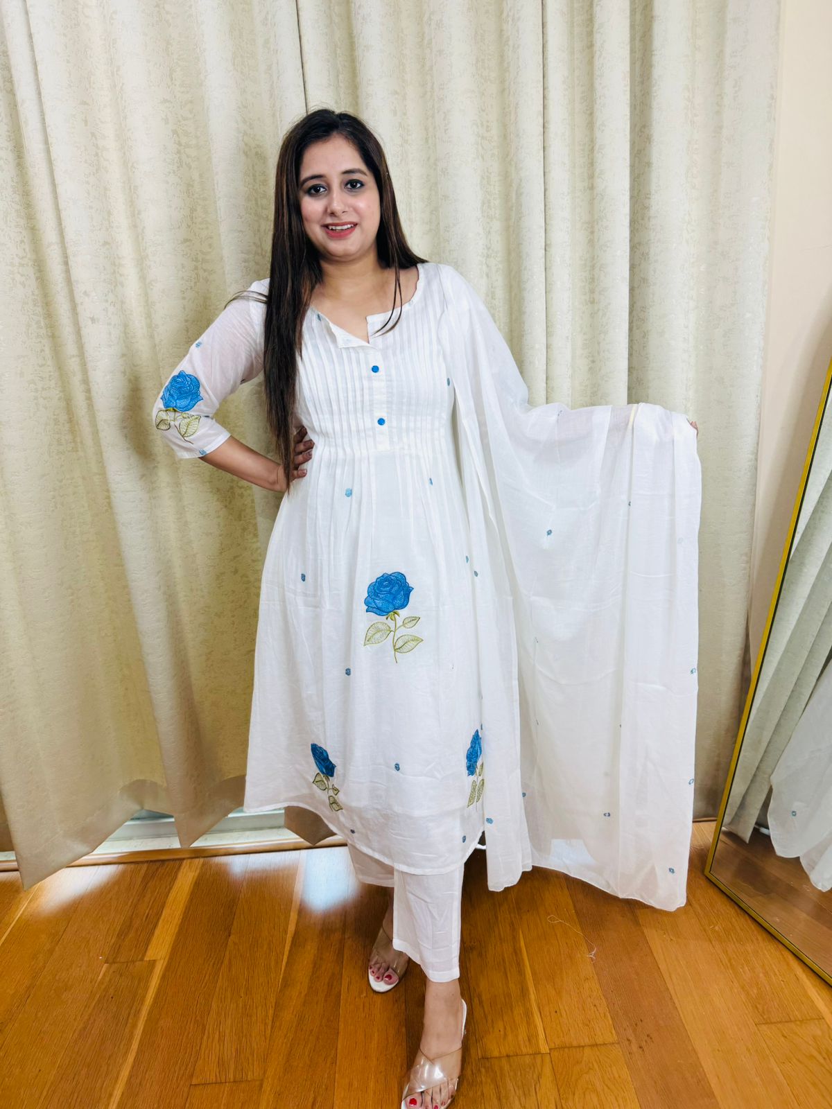 VANTI | Designer White Blue Floral Print Kurta Set | Cotton Pant Dupatta Ethnic Suit
