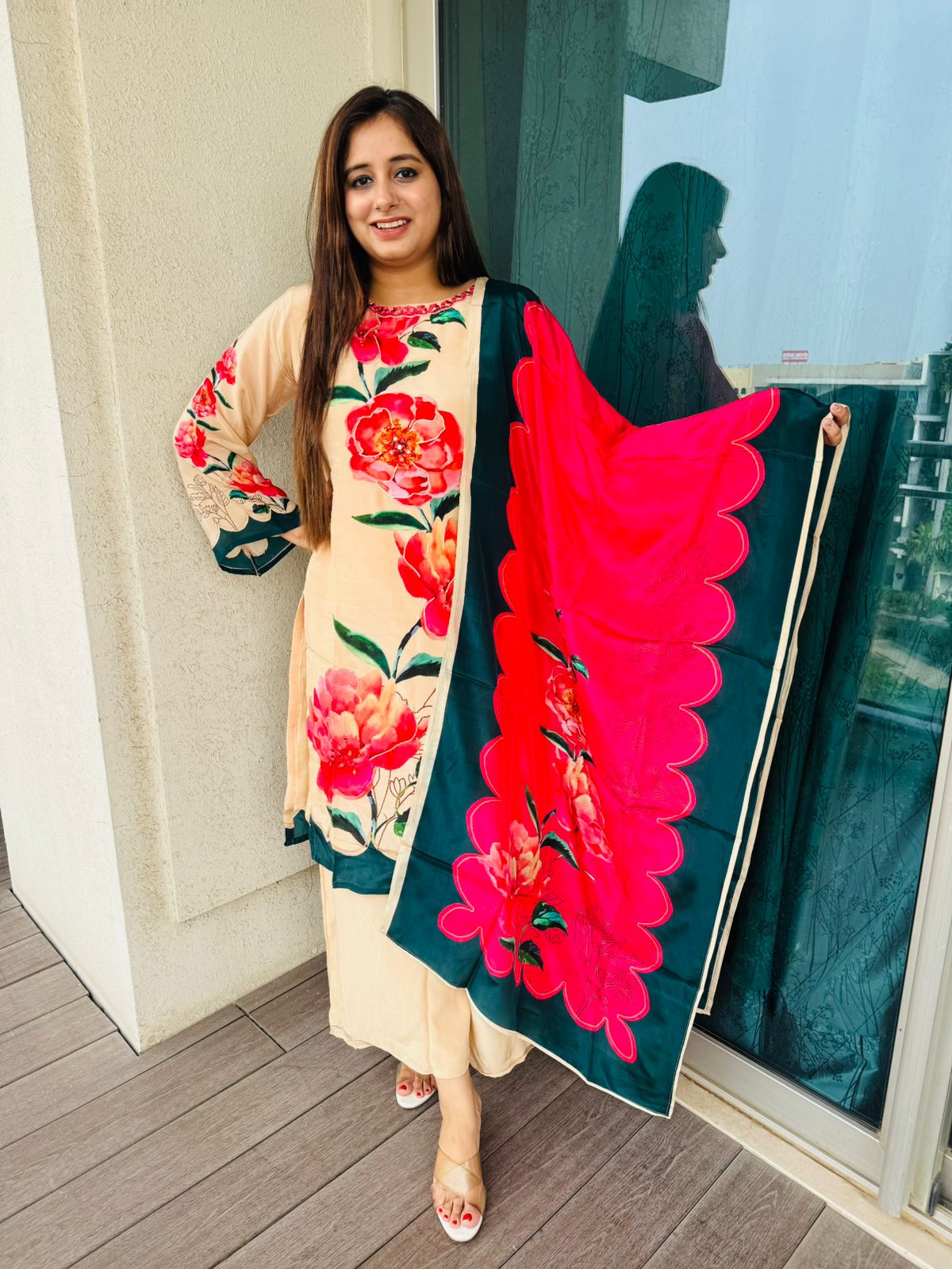 SHIKHA | Premium Cream Floral Kurta Pant Set | Designer Magenta Dupatta Ethnic Suit