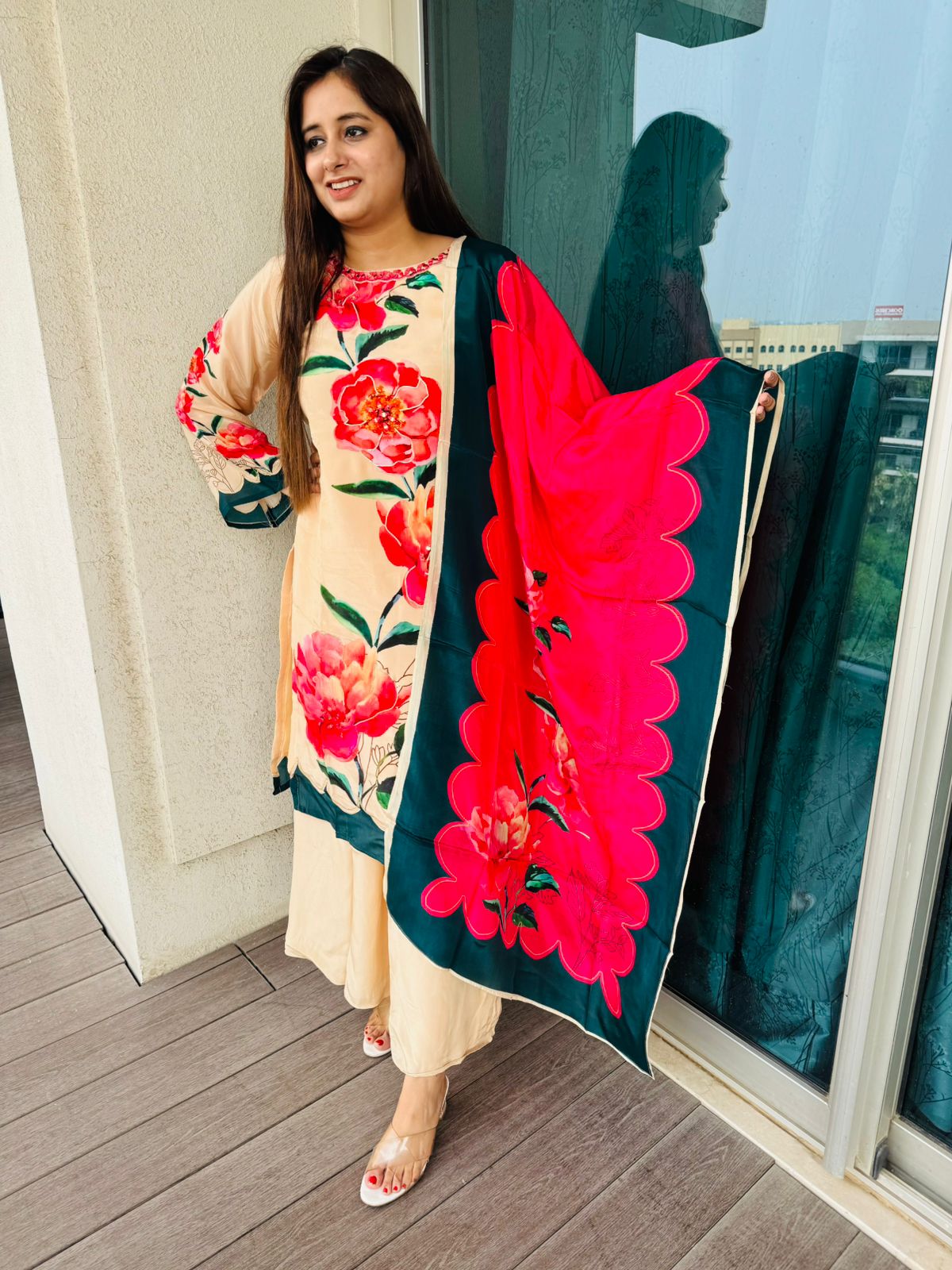 SHIKHA | Premium Cream Floral Kurta Pant Set | Designer Magenta Dupatta Ethnic Suit