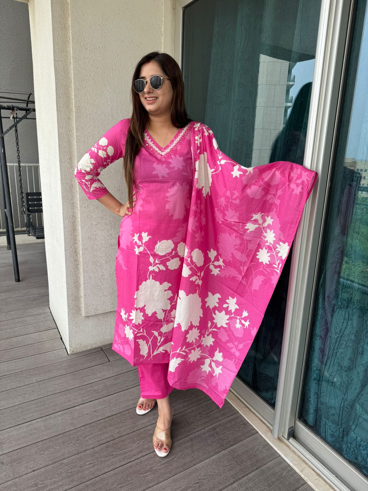 PRIYAA | Designer Pink Floral Print Kurta Set | Cotton Pant Dupatta Ethnic Suit