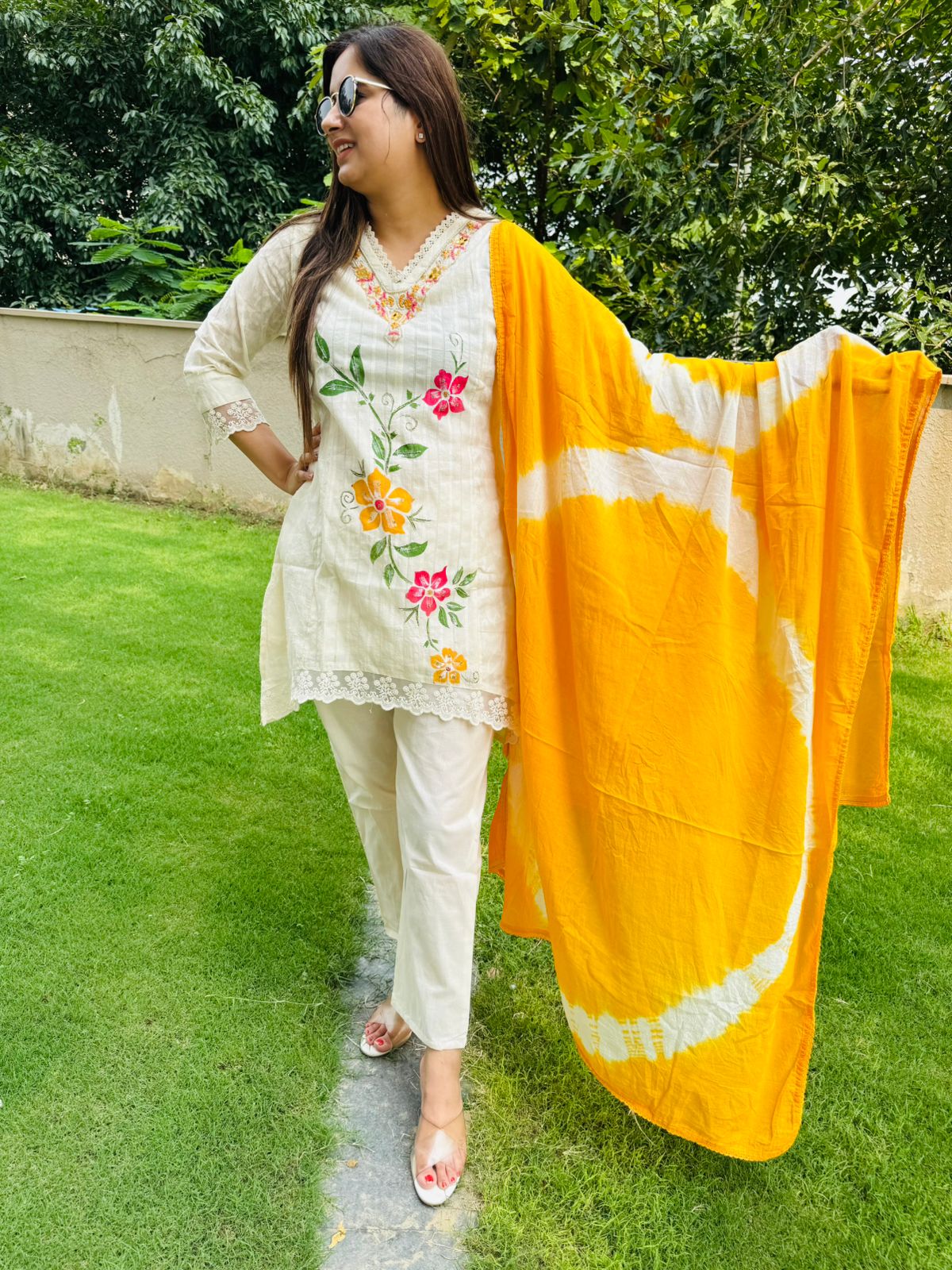 NAINA | Fresh White Floral Kurta Pant Set | Embroidered Cotton Suit with Yellow Dupatta