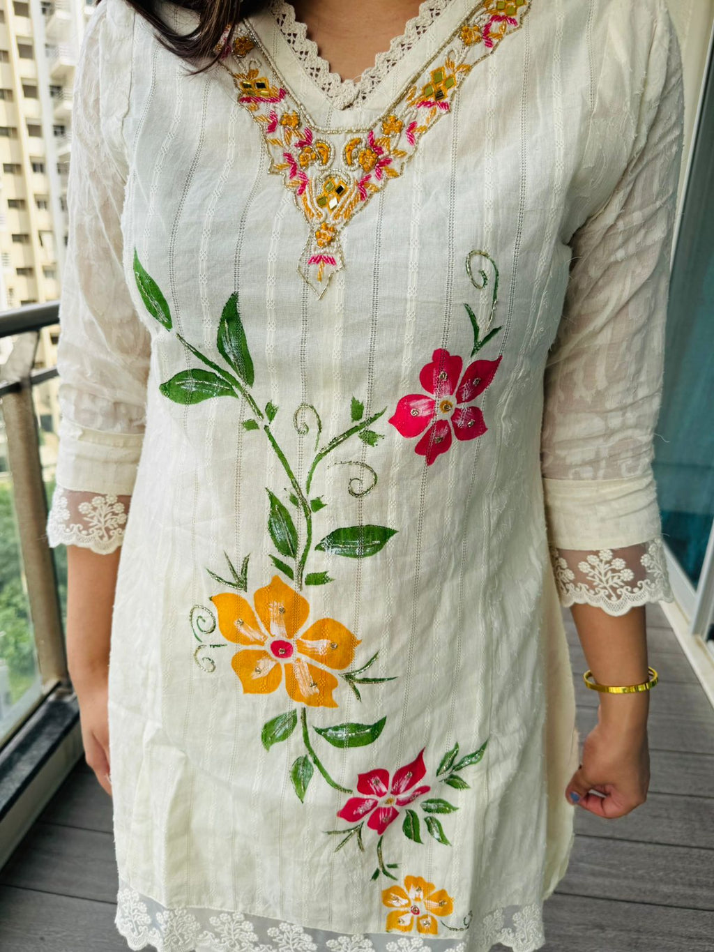 NAINA | Fresh White Floral Kurta Pant Set | Embroidered Cotton Suit with Yellow Dupatta