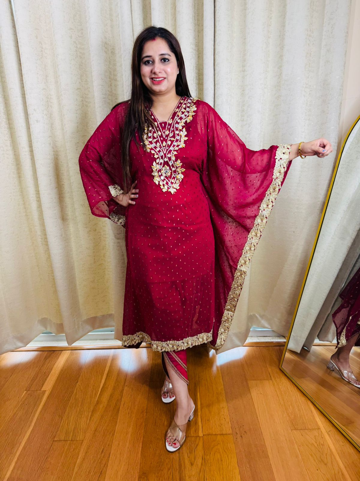 PARKHI | Elegant Maroon Kaftan Suit Set | Gold Embroidered Festive Kurta Pant for Women