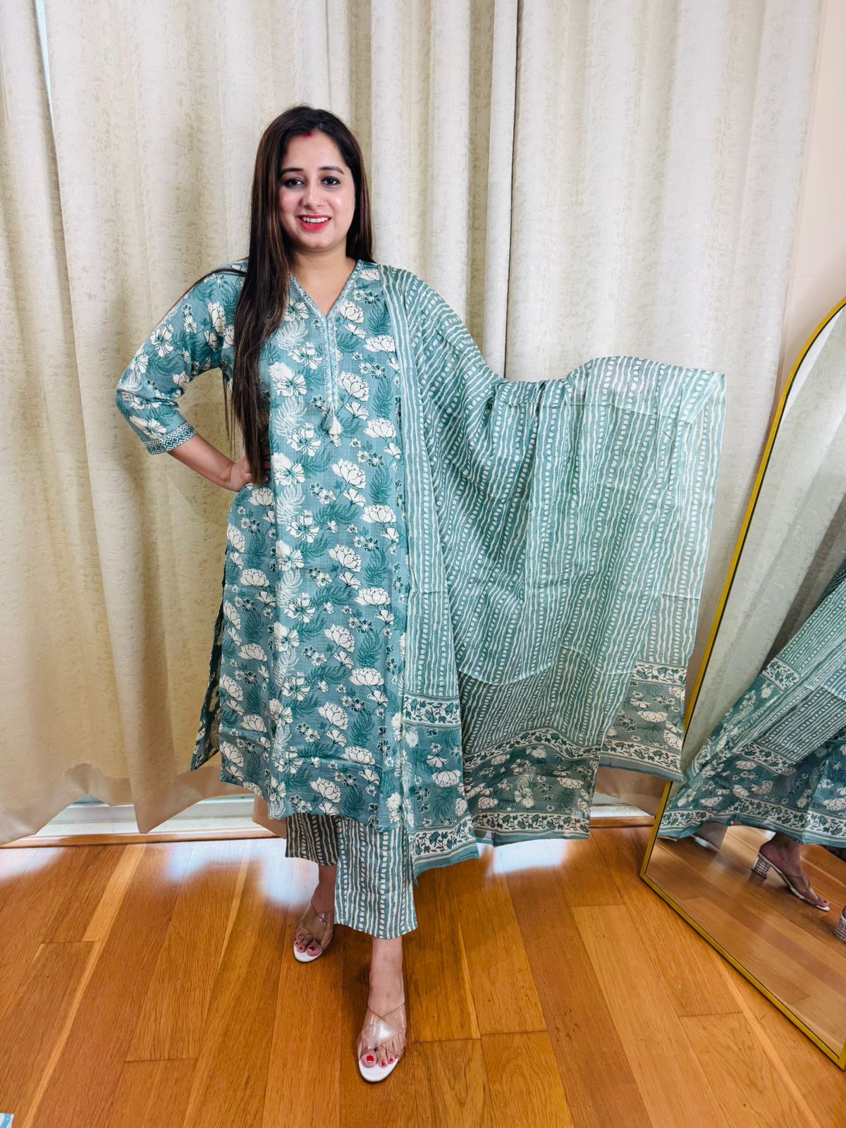 KATLI | Elegant Sage Green Floral Suit Set | Printed Kurta Pant Dupatta Ethnic Coordset