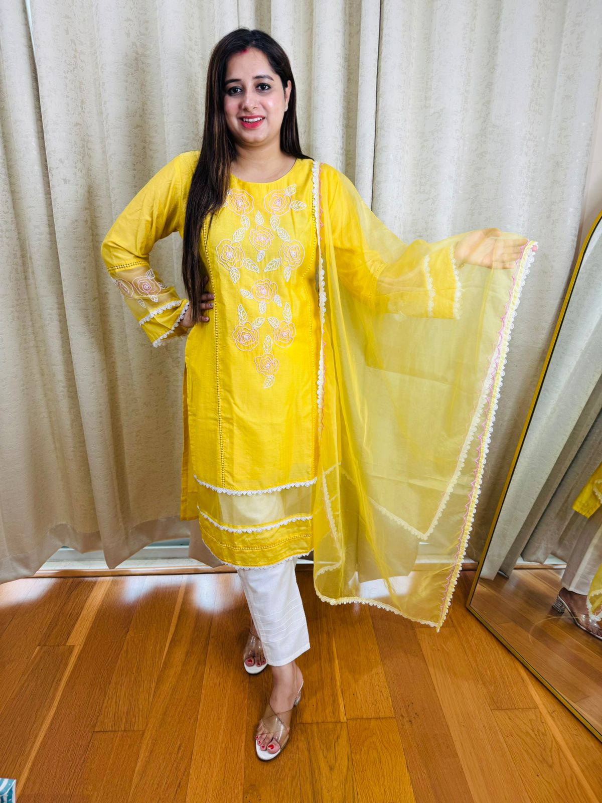 NAVYA | Bright Yellow Embroidered Kurta Set | Ethnic Pant Dupatta Suit for Women