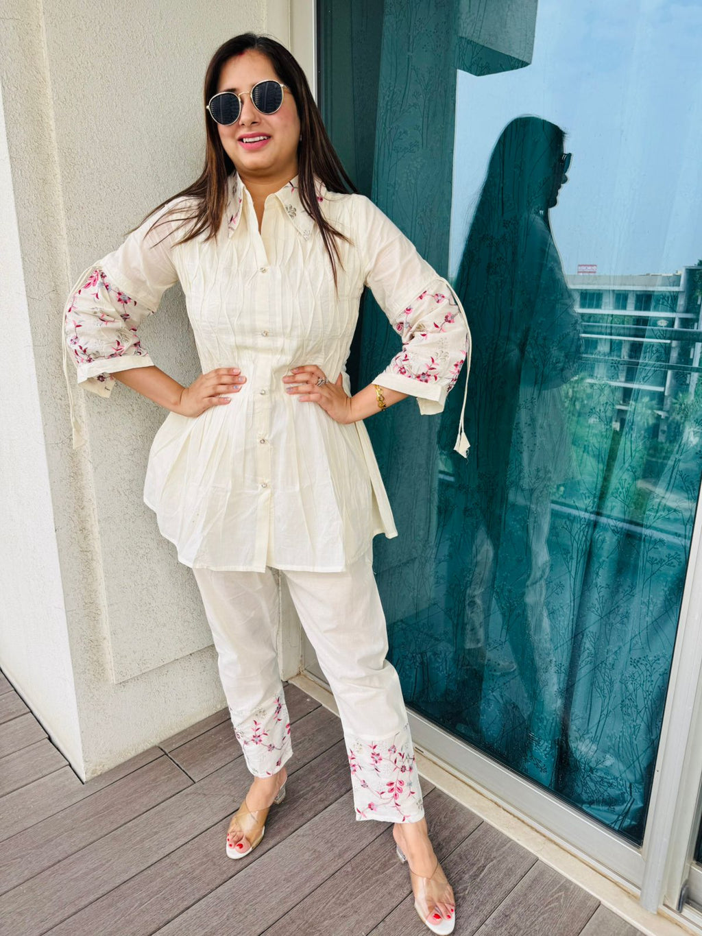 SWARNA | Pearl White Floral Embroidered Shirt Set | Designer Kurta Pant Coordset