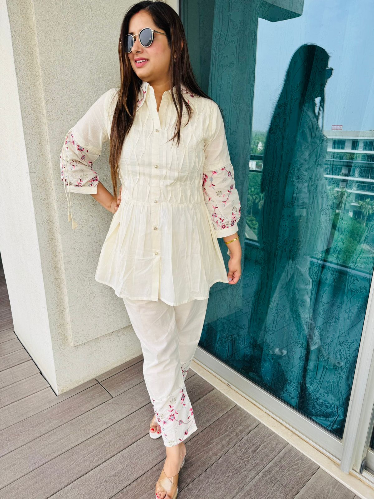 SWARNA | Pearl White Floral Embroidered Shirt Set | Designer Kurta Pant Coordset