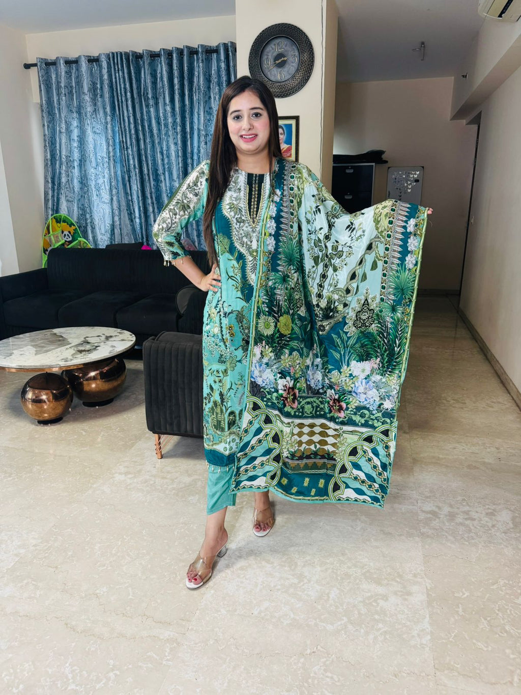 SAMINA | Premium Turquoise Jungle Floral Suit Set | Designer Kurta Pant Dupatta Coordset