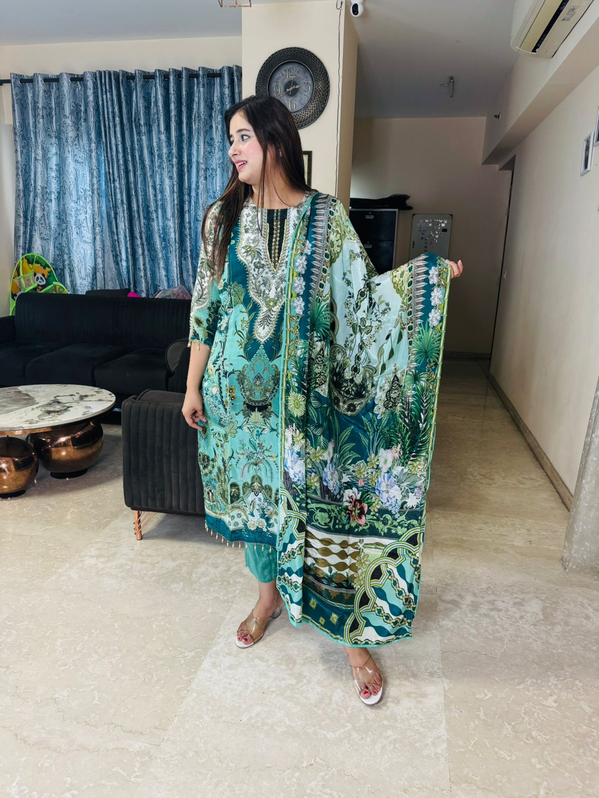 SAMINA | Premium Turquoise Jungle Floral Suit Set | Designer Kurta Pant Dupatta Coordset
