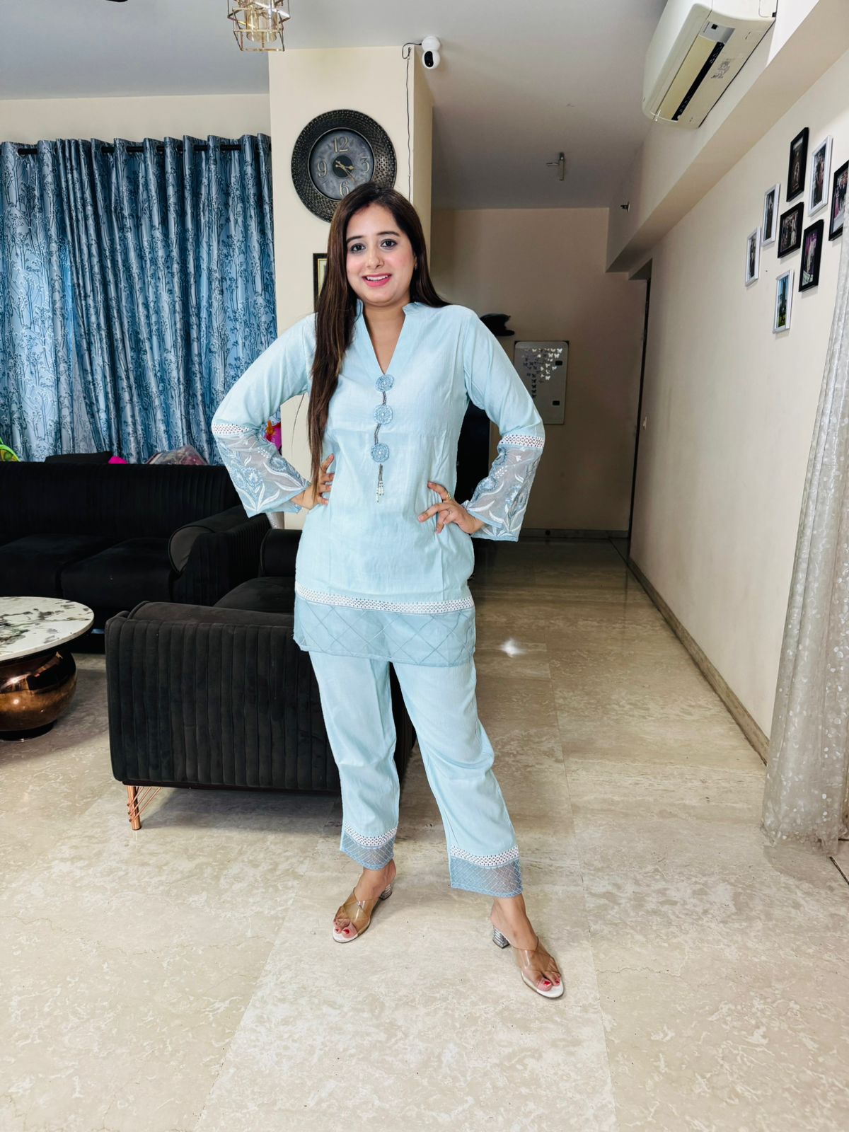 LOLLITA | Elegant Pastel Blue Kurta Pant Set | Net Sleeve Designer Coordset for Women