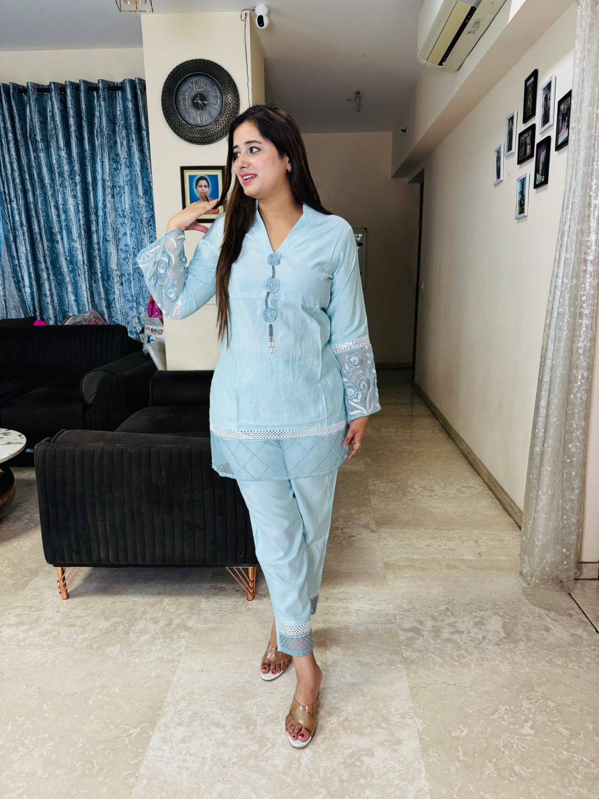 LOLLITA | Elegant Pastel Blue Kurta Pant Set | Net Sleeve Designer Coordset for Women
