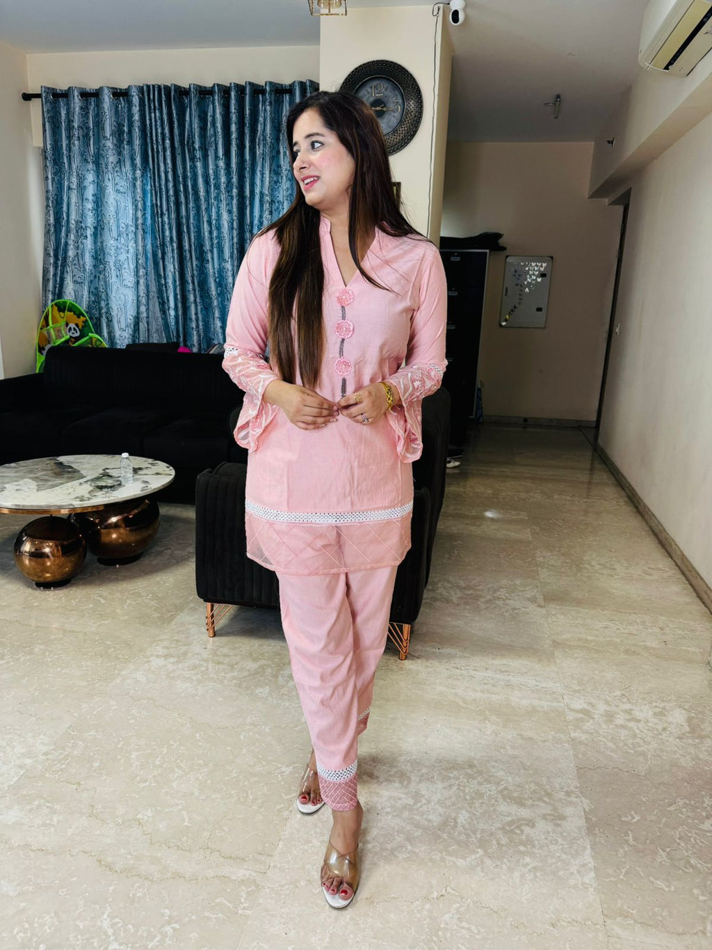 LOLLITA | Elegant Pastel Pink Kurta Pant Set | Designer Net Sleeve Coordset for Women