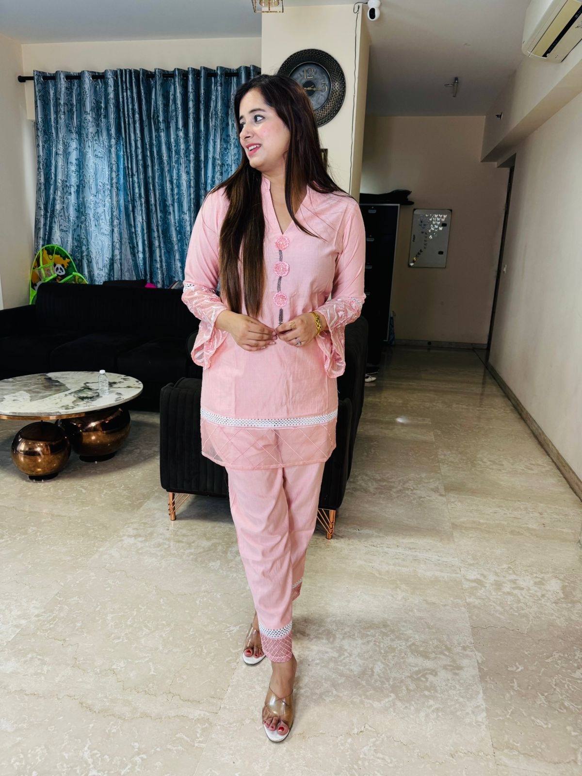 LOLLITA | Elegant Pastel Pink Kurta Pant Set | Designer Net Sleeve Coordset for Women