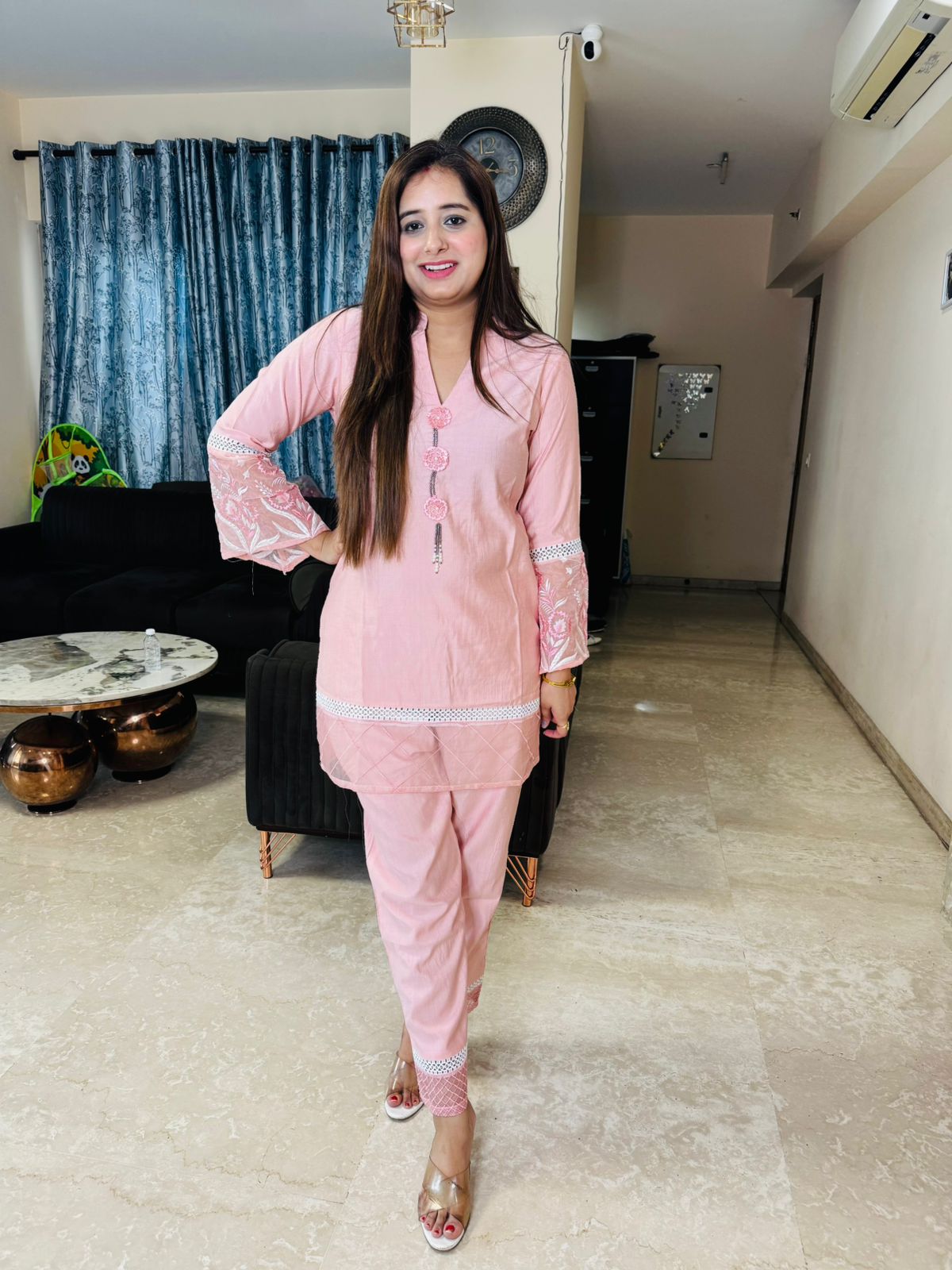 LOLLITA | Elegant Pastel Pink Kurta Pant Set | Designer Net Sleeve Coordset for Women