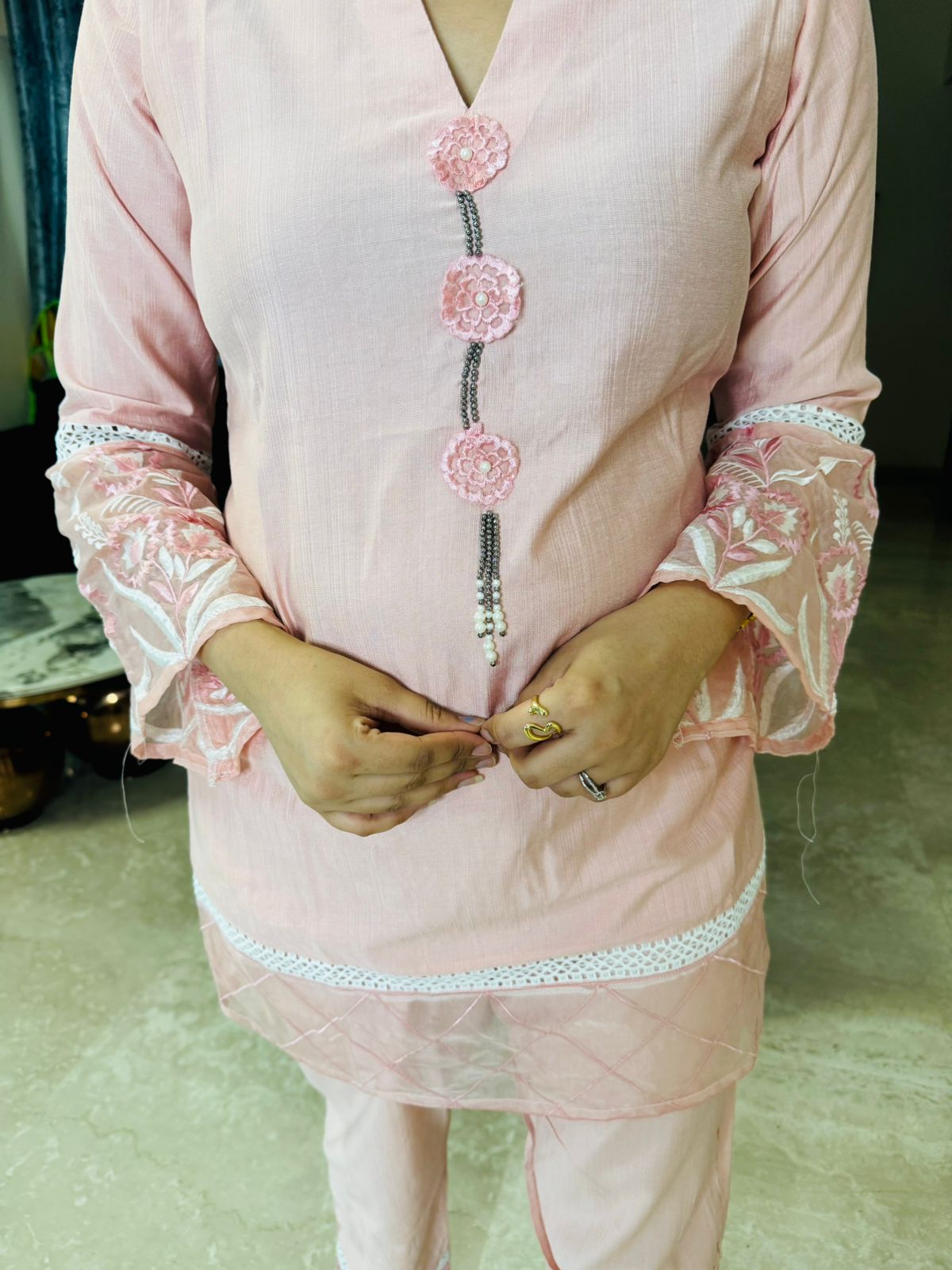 LOLLITA | Elegant Pastel Pink Kurta Pant Set | Designer Net Sleeve Coordset for Women