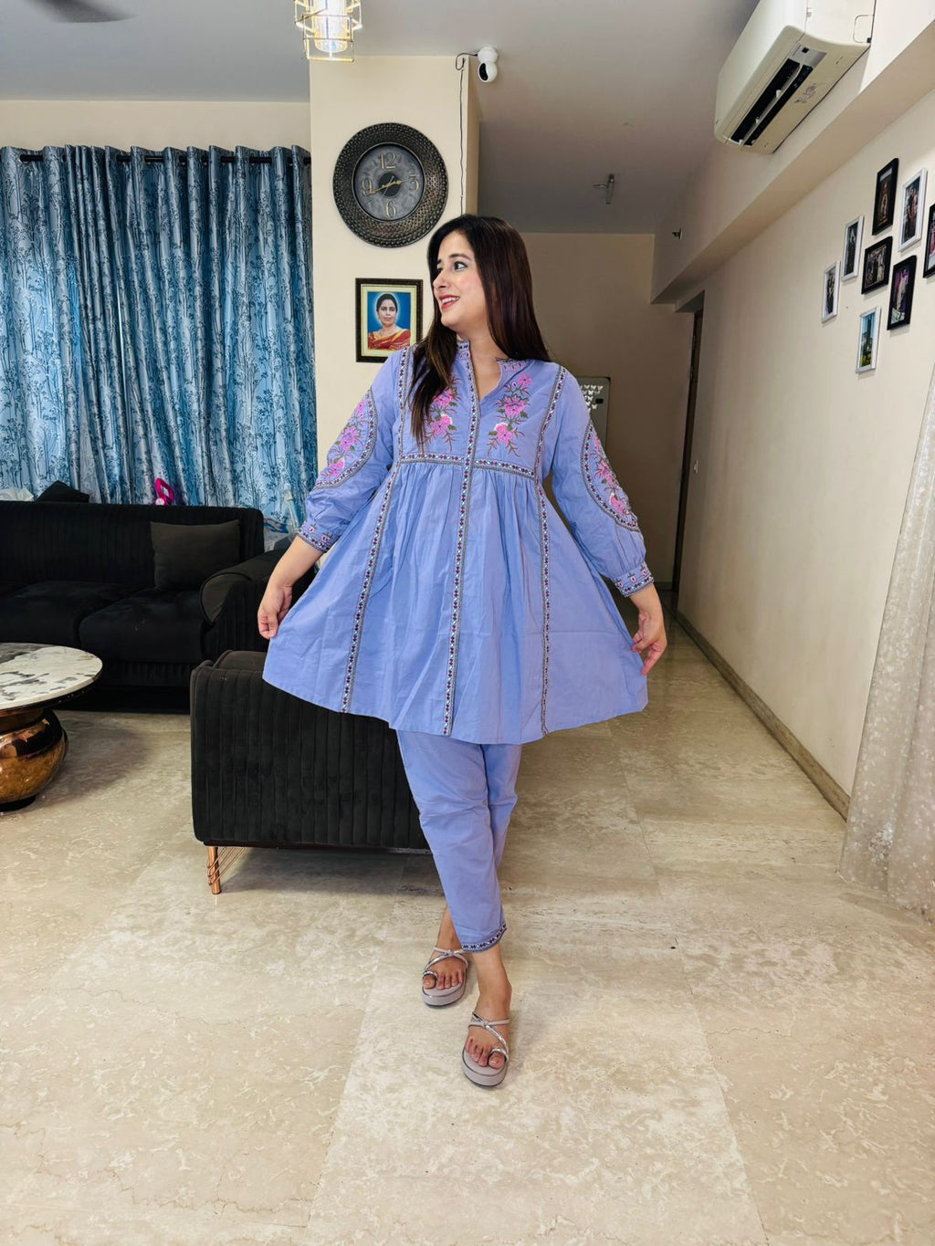 AKSHARA | Pastel Blue Floral Embroidered Suit Set | Kurta Pant Coordset for Women