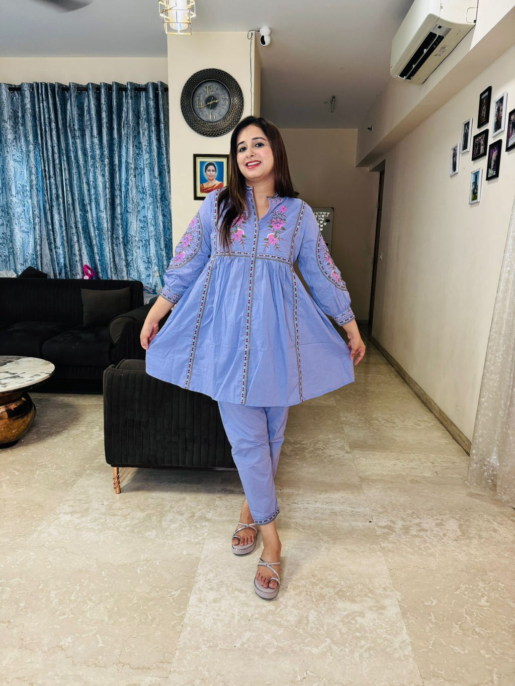 AKSHARA | Pastel Blue Floral Embroidered Suit Set | Kurta Pant Coordset for Women