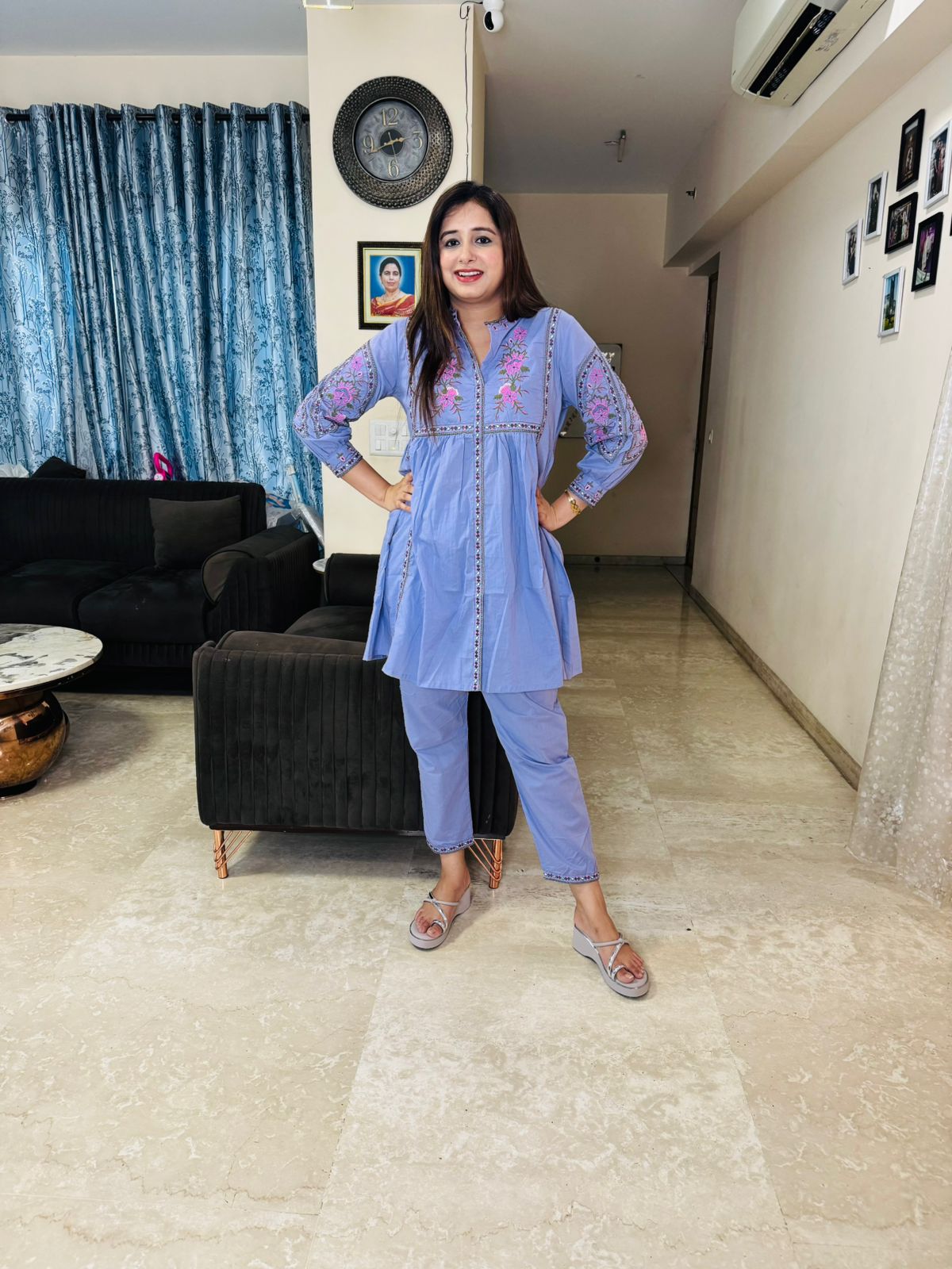 AKSHARA | Pastel Blue Floral Embroidered Suit Set | Kurta Pant Coordset for Women