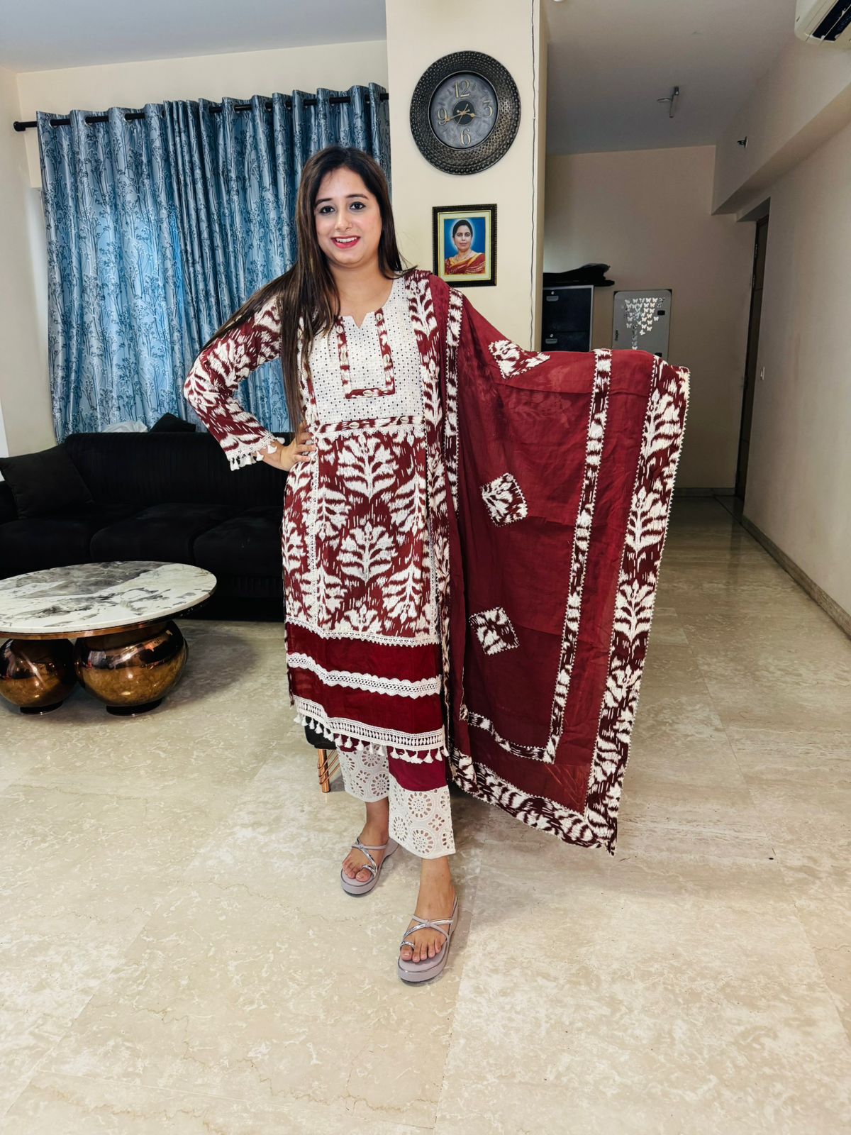 AKSHITA | Designer Maroon White Block Print Suit Set | Ethnic Kurta Pant Dupatta Coordset