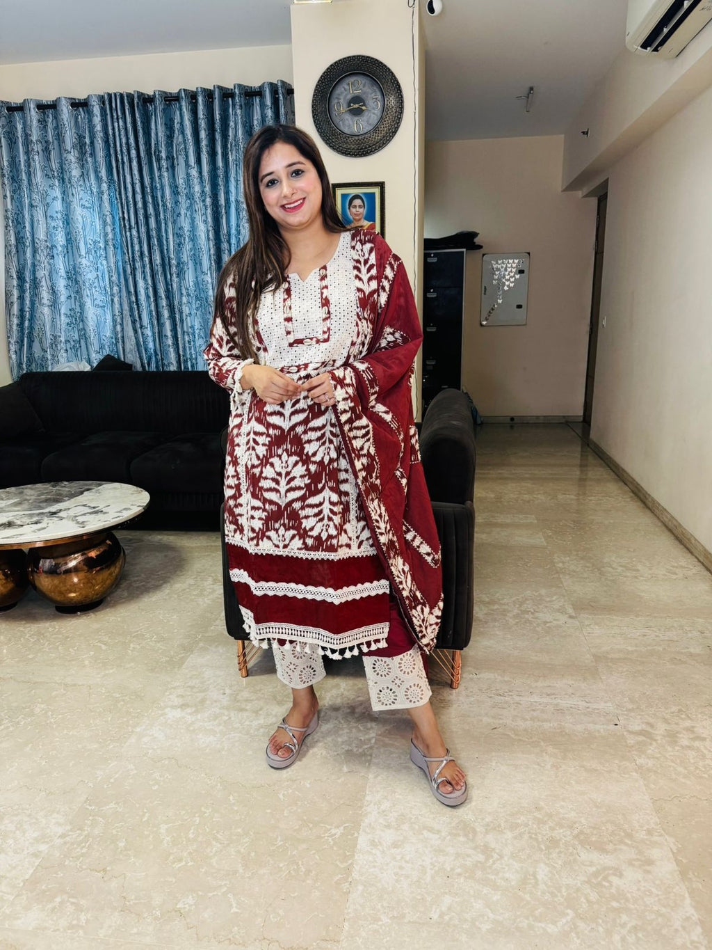 AKSHITA | Designer Maroon White Block Print Suit Set | Ethnic Kurta Pant Dupatta Coordset