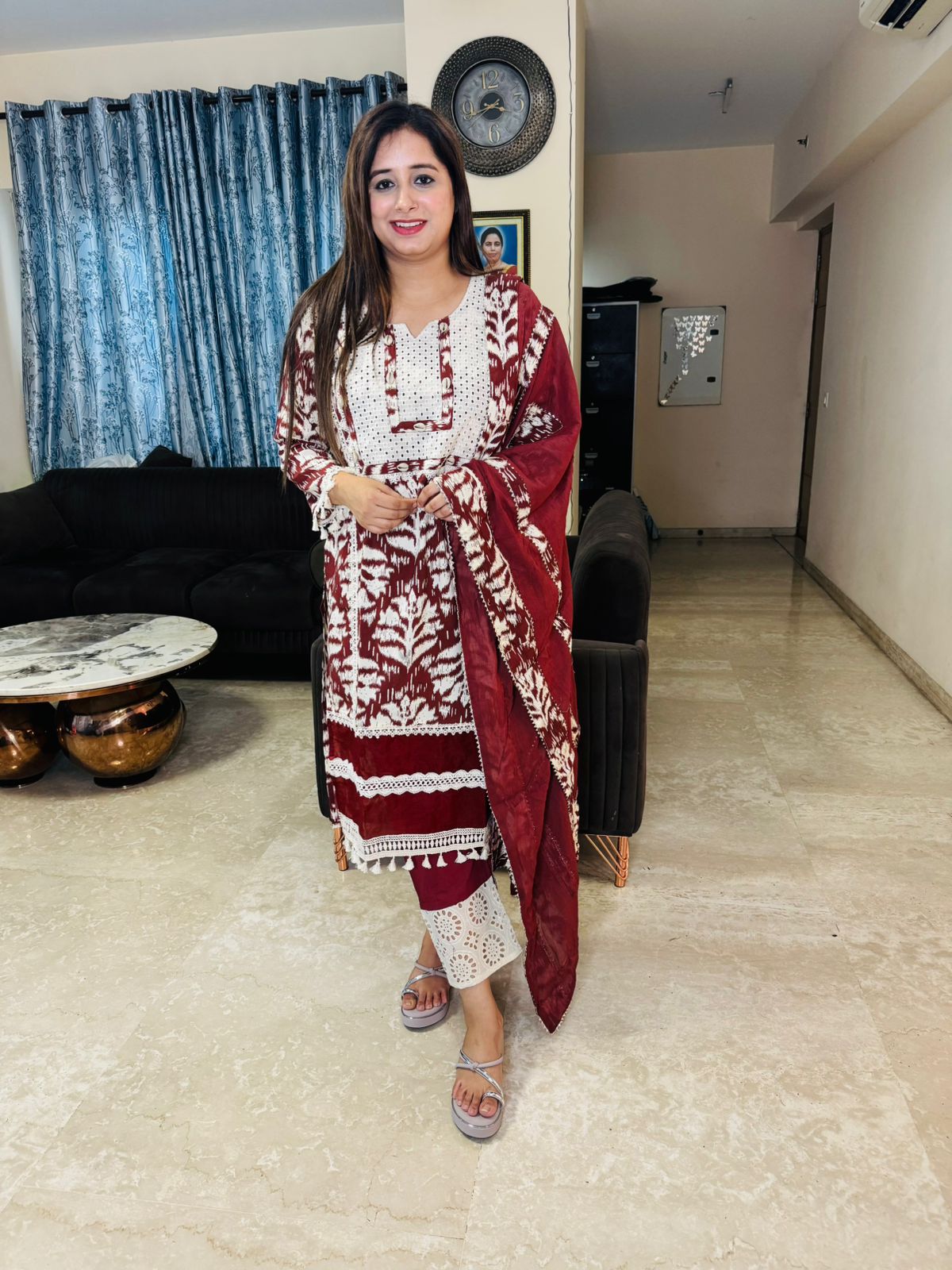 AKSHITA | Designer Maroon White Block Print Suit Set | Ethnic Kurta Pant Dupatta Coordset