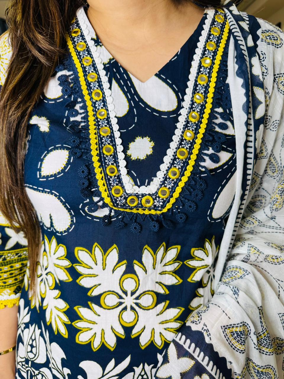 TIARA | Vibrant Navy Yellow Block Print Ethnic Suit | Kurta Pant Dupatta Set for Women