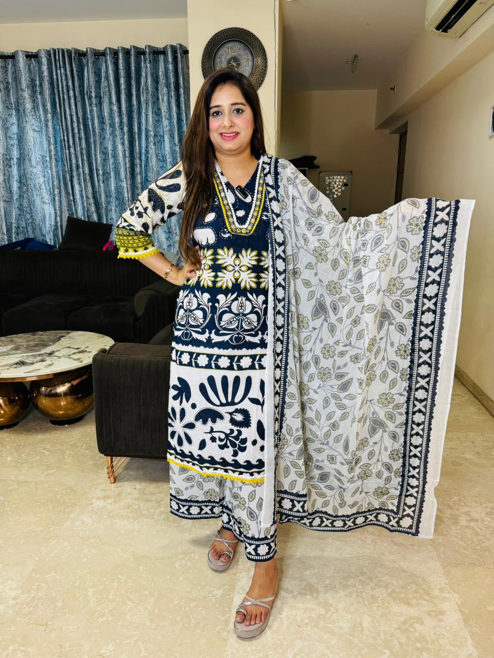 TIARA | Vibrant Navy Yellow Block Print Ethnic Suit | Kurta Pant Dupatta Set for Women