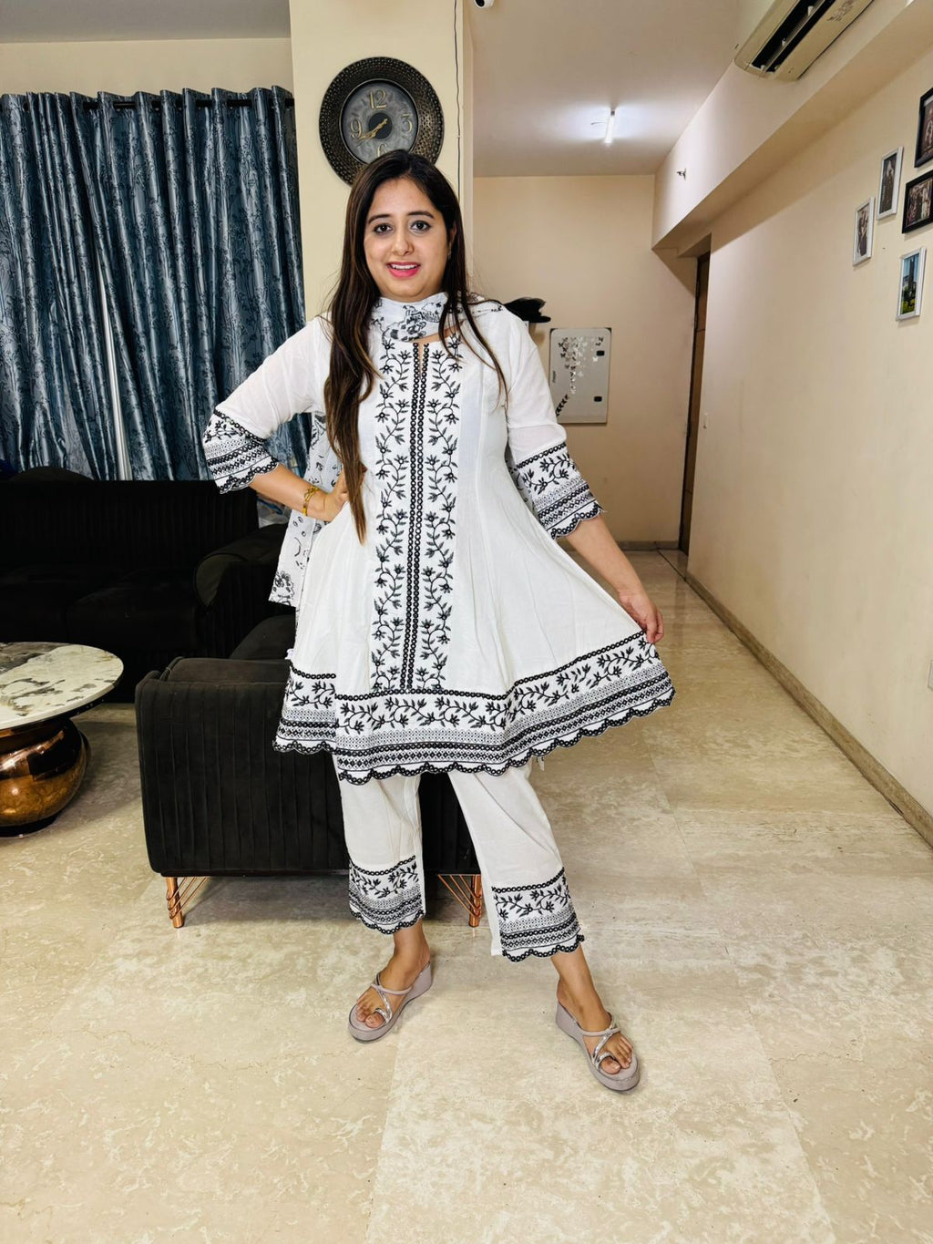 VARI | Designer White Black Embroidered Kurta Set | Ethnic Pant Dupatta Coordset for Women