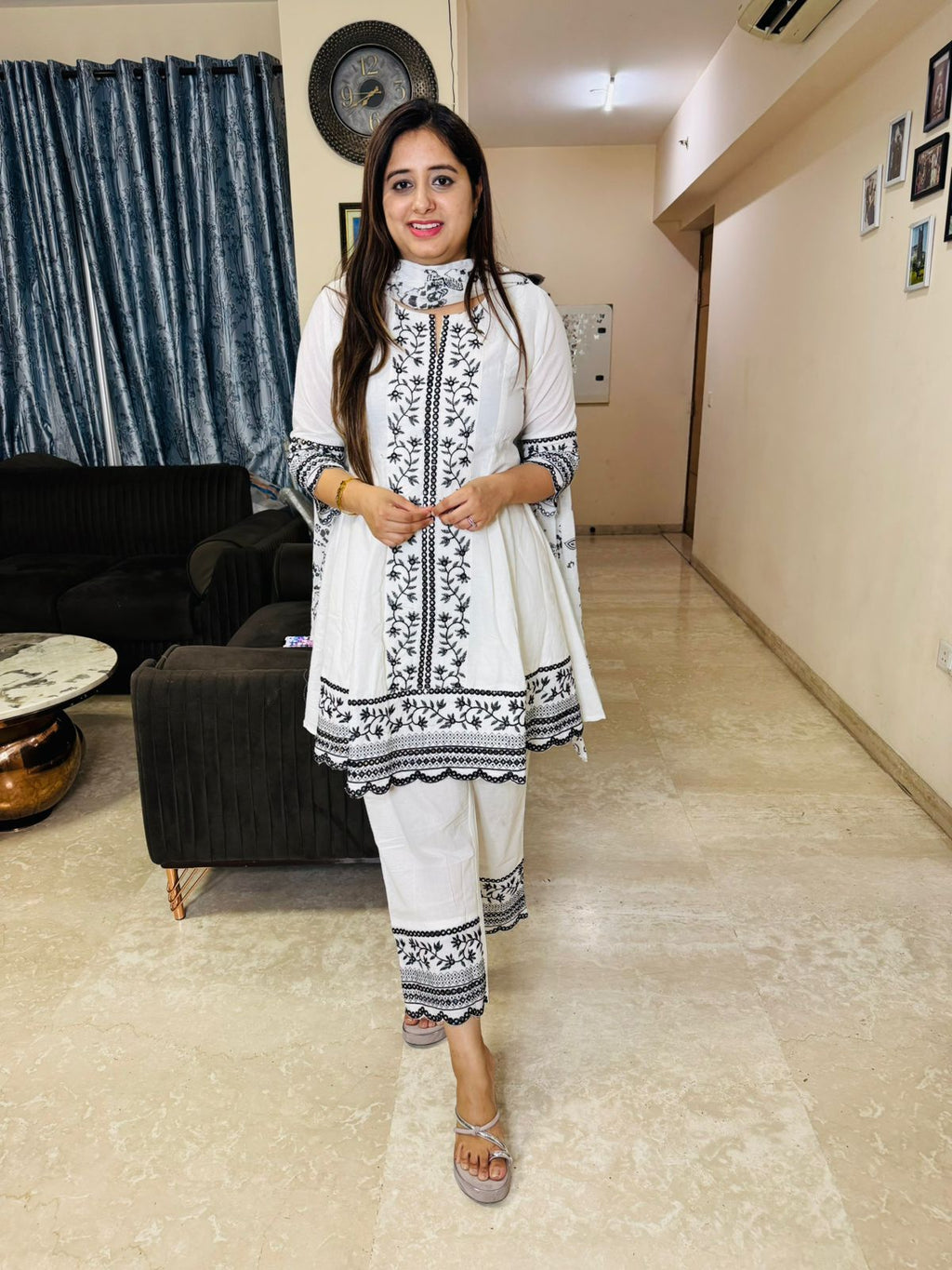 VARI | Designer White Black Embroidered Kurta Set | Ethnic Pant Dupatta Coordset for Women