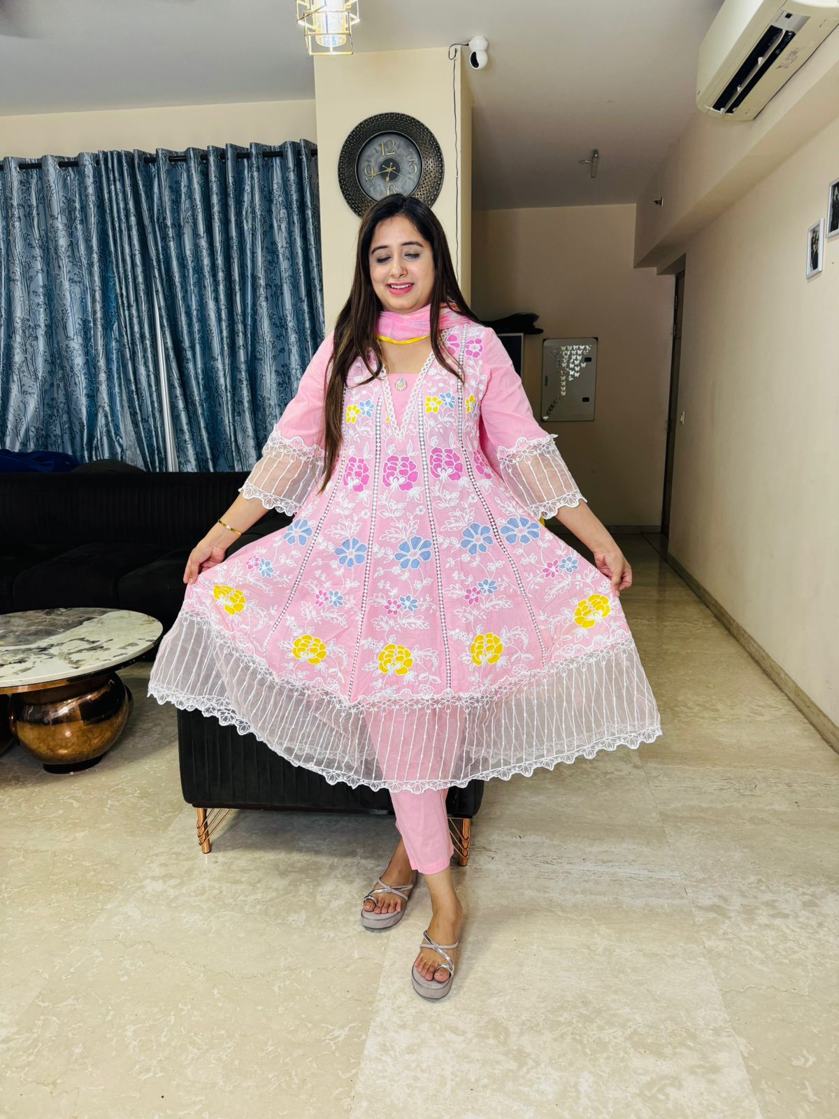 ANARKALI | Designer Pink Floral Anarkali Suit Set | Embroidered Kurta Pant Dupatta for Women