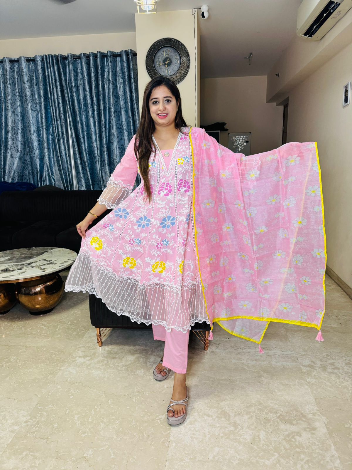 ANARKALI | Designer Pink Floral Anarkali Suit Set | Embroidered Kurta Pant Dupatta for Women