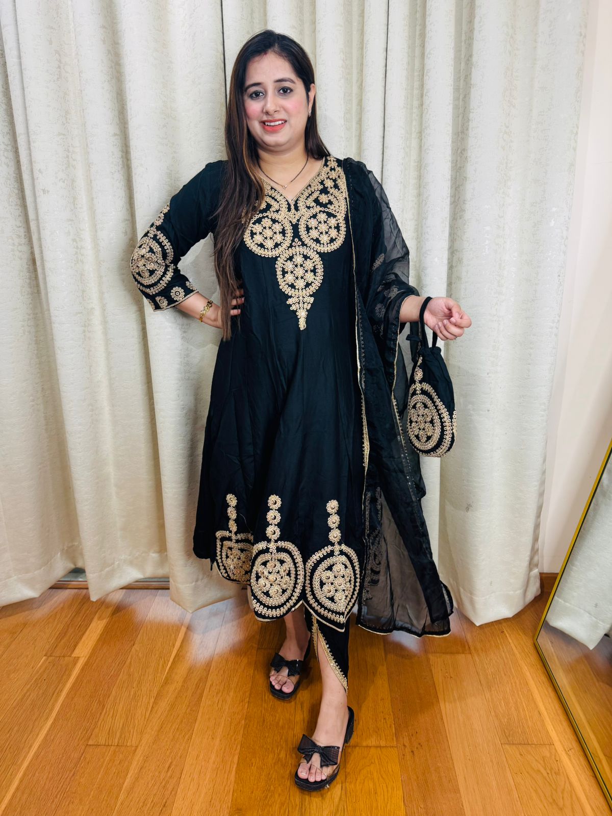 ROLI | Premium Black Gold Embroidered Suit Set | Anarkali Kurta Dupatta with Matching Potli