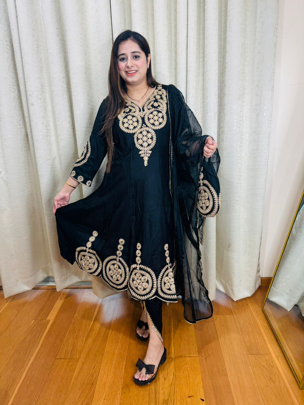 ROLI | Premium Black Gold Embroidered Suit Set | Anarkali Kurta Dupatta with Matching Potli