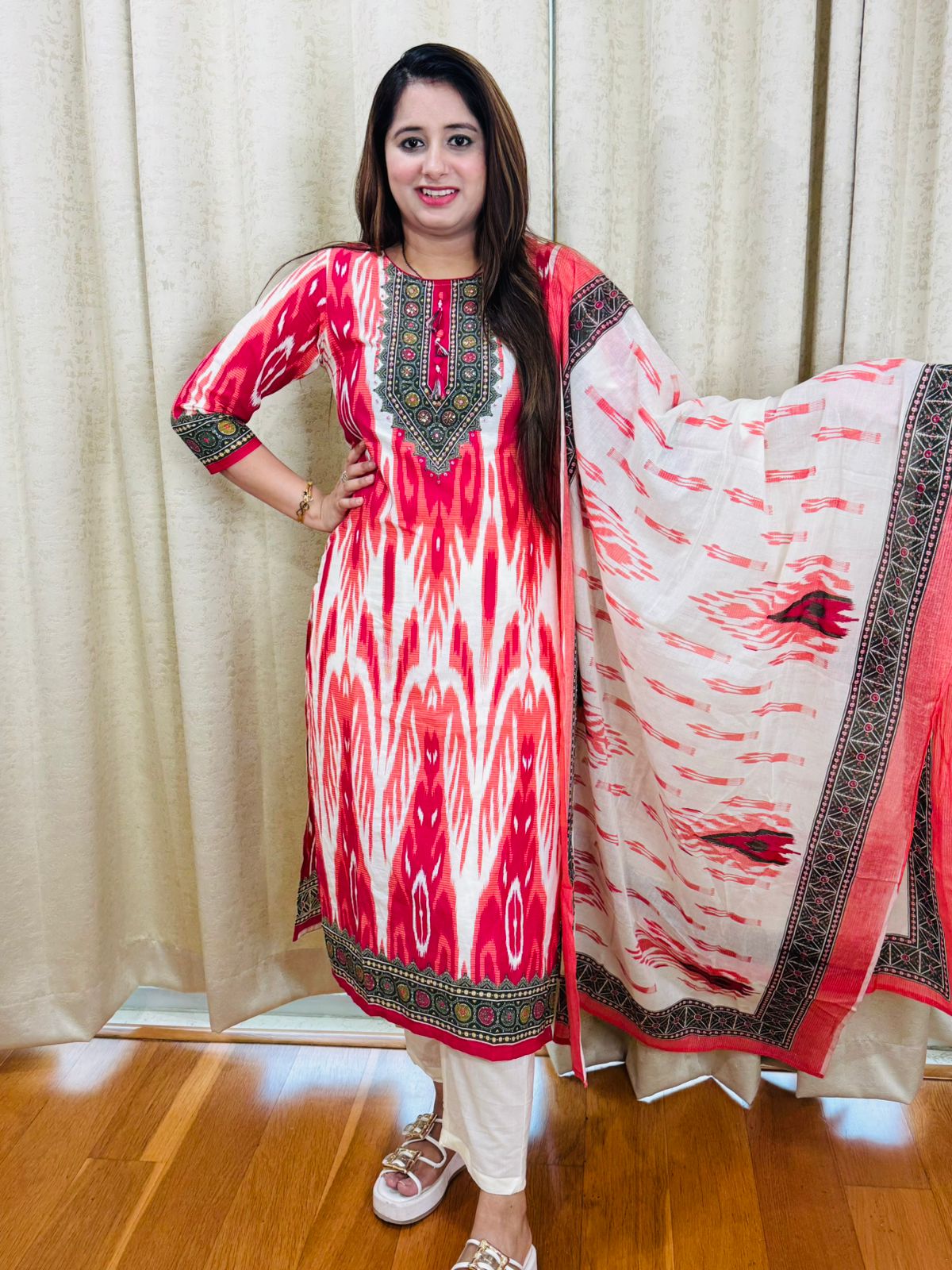 BEBO | Ethnic Red Ikat Printed Coordset | Designer Kurta Pant Dupatta Set for Women